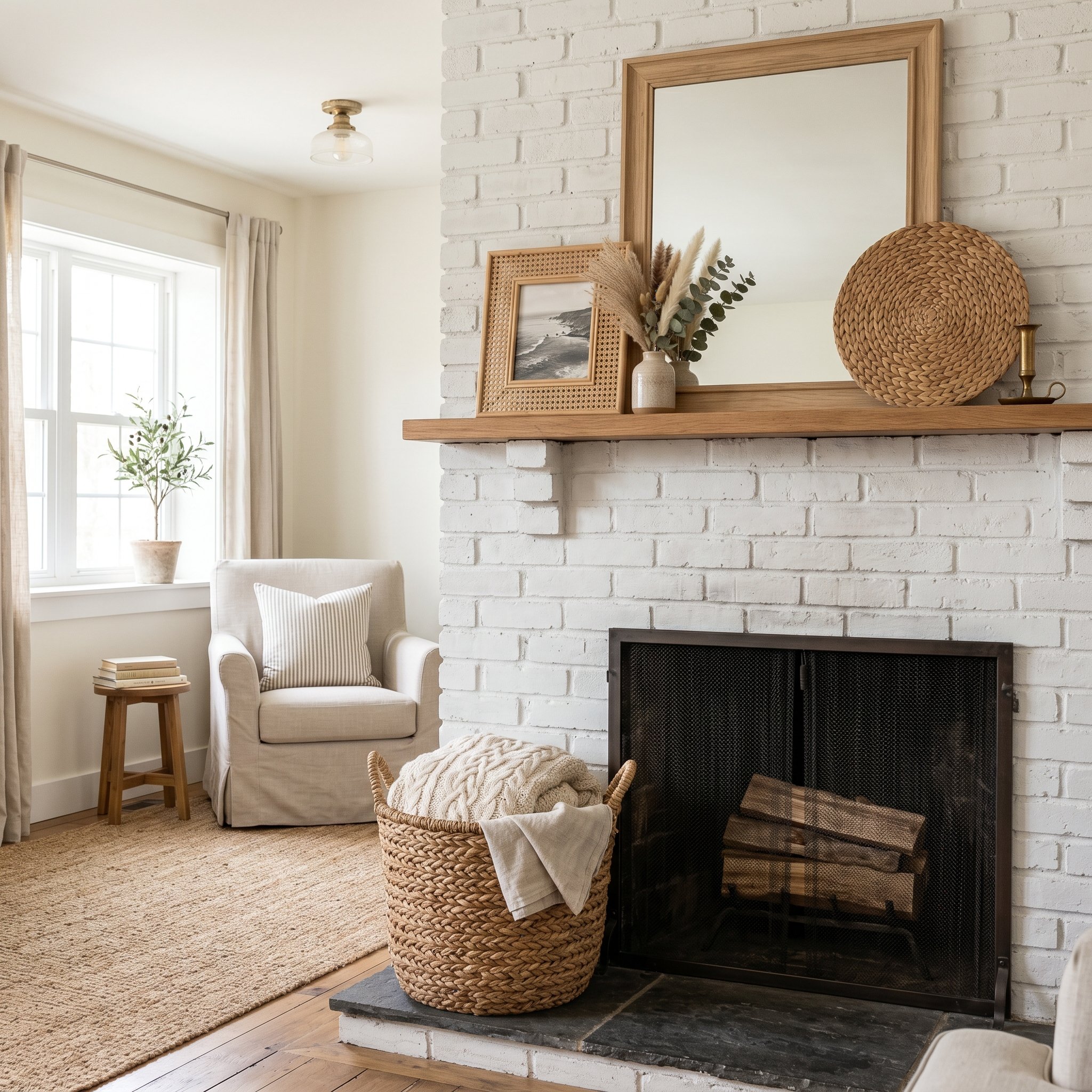 Photorealistic interior photo. A painted brick fireplace layered with woven textures. A fine-woven rattan picture frame sits on the mantel. A thick-braided seagrass basket rests on the hearth below. C
