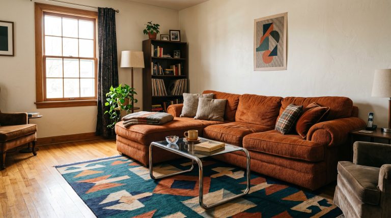 Photorealistic interior photo. A perfectly styled 90s-inspired living room featuring a chunky overstuffed sectional in rust chenille, a tubular chrome coffee table, and a bold geometric rug. Warm hone