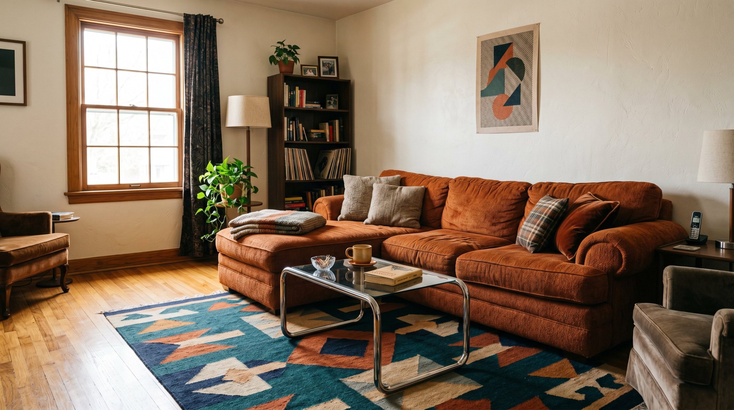 Photorealistic interior photo. A perfectly styled 90s-inspired living room featuring a chunky overstuffed sectional in rust chenille, a tubular chrome coffee table, and a bold geometric rug. Warm hone