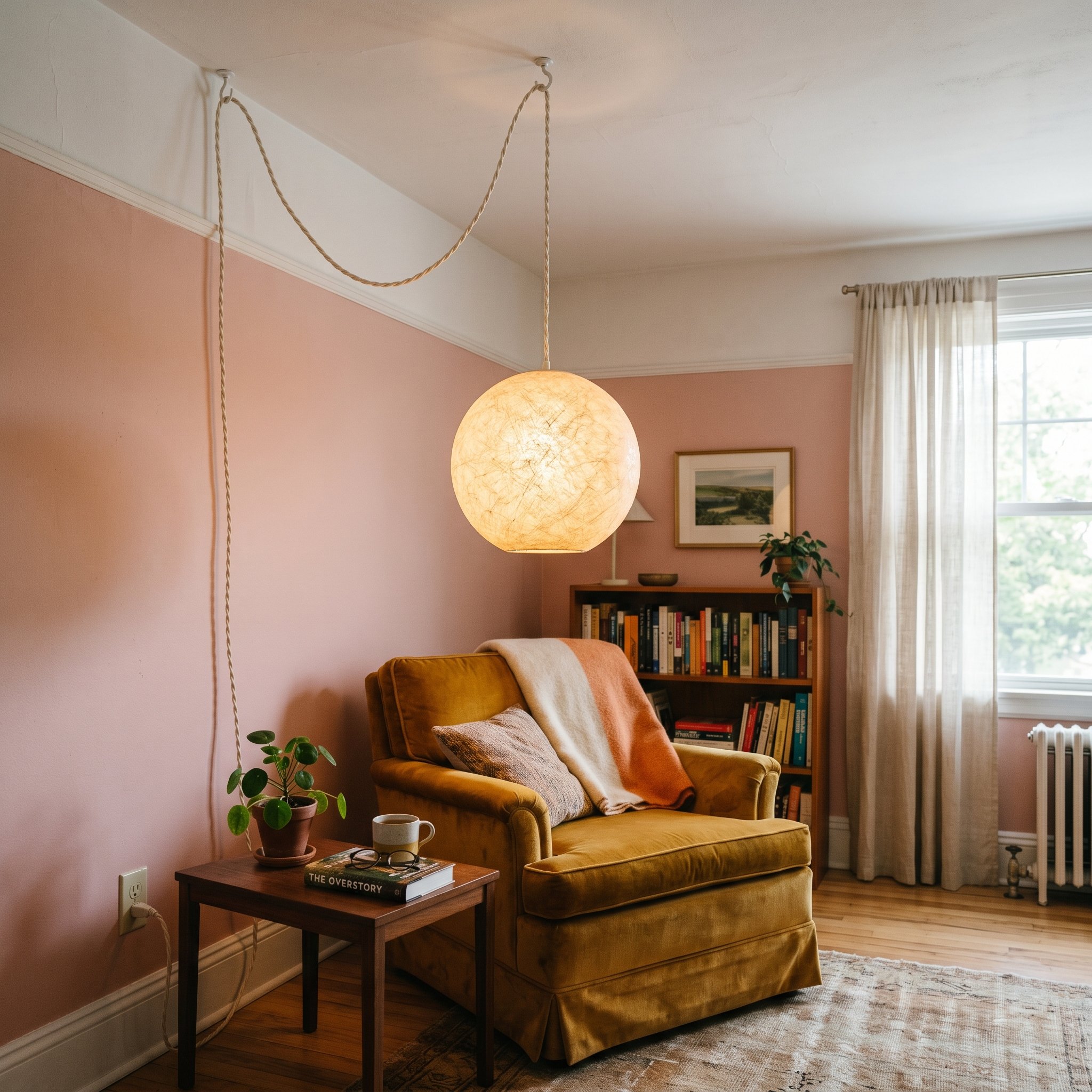 Photorealistic interior photo. A plug-in spun fiberglass swag pendant lamp draped from a ceiling hook, hanging low over a velvet reading chair in a corner, warm glowing light, low camera angle looking