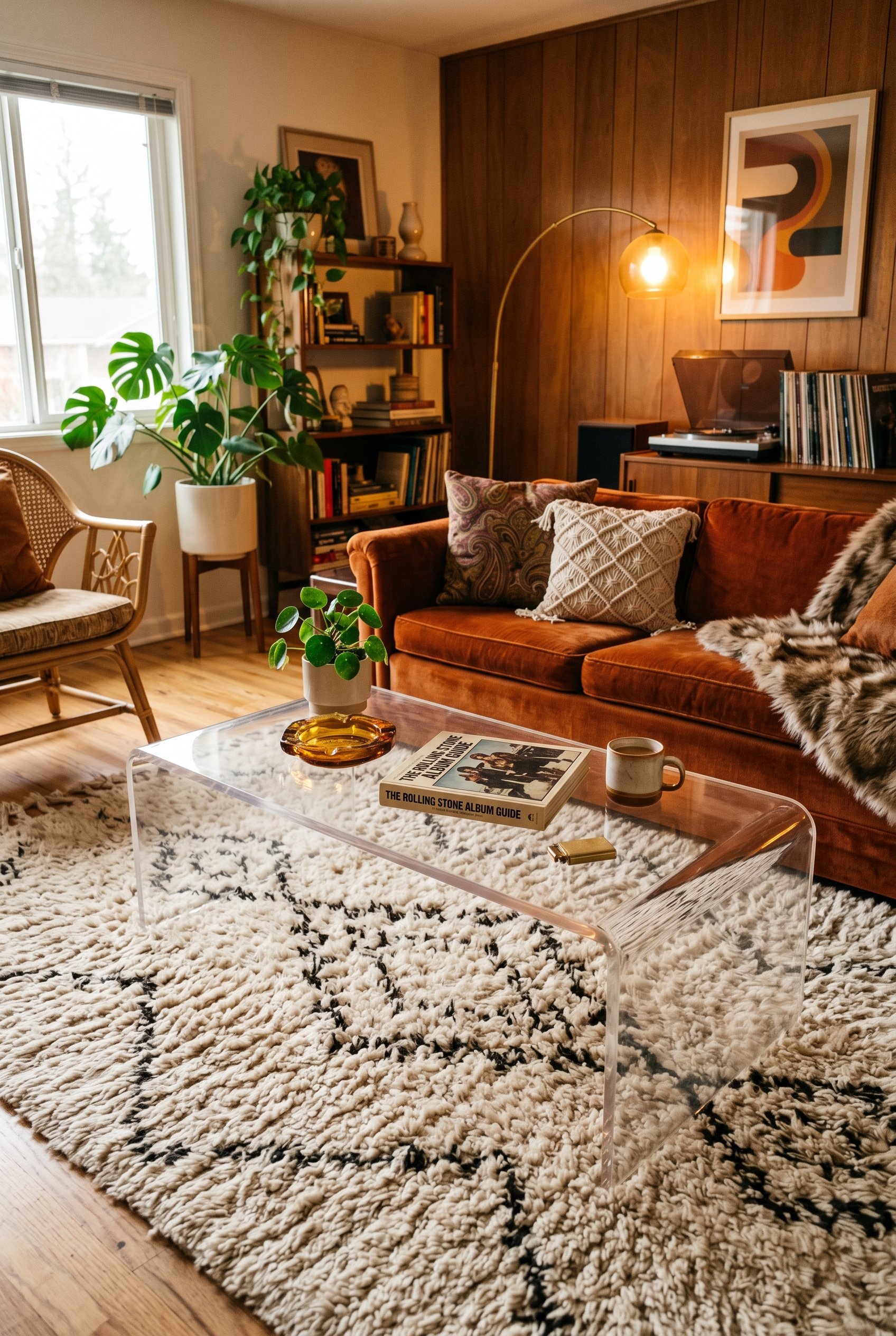 Photorealistic interior photo. A plush Moroccan-style wool shag rug under an acrylic modern coffee table, 1970s glam aesthetic, warm interior lighting, low camera angle. Editorial photography style, n