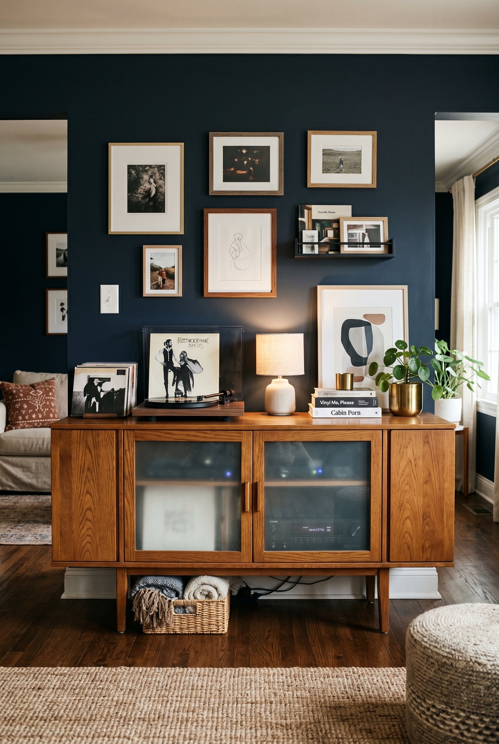 Photorealistic interior photo. A retro warm oak media console with frosted glass doors, hiding modern audio equipment. Placed against a dark painted wall. Soft ambient room lighting, straight-on symme