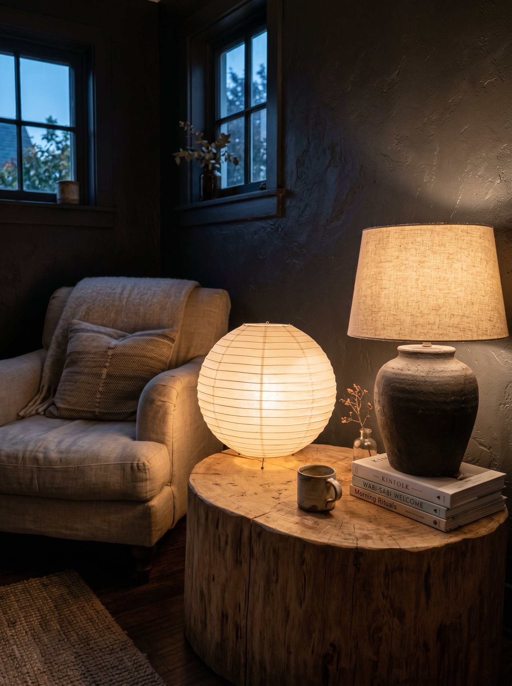 Photorealistic interior photo. A round rice paper lantern glowing warmly on a raw wood side table next to a rough, unglazed ceramic table lamp. Moody, ambient evening lighting. Editorial photography s