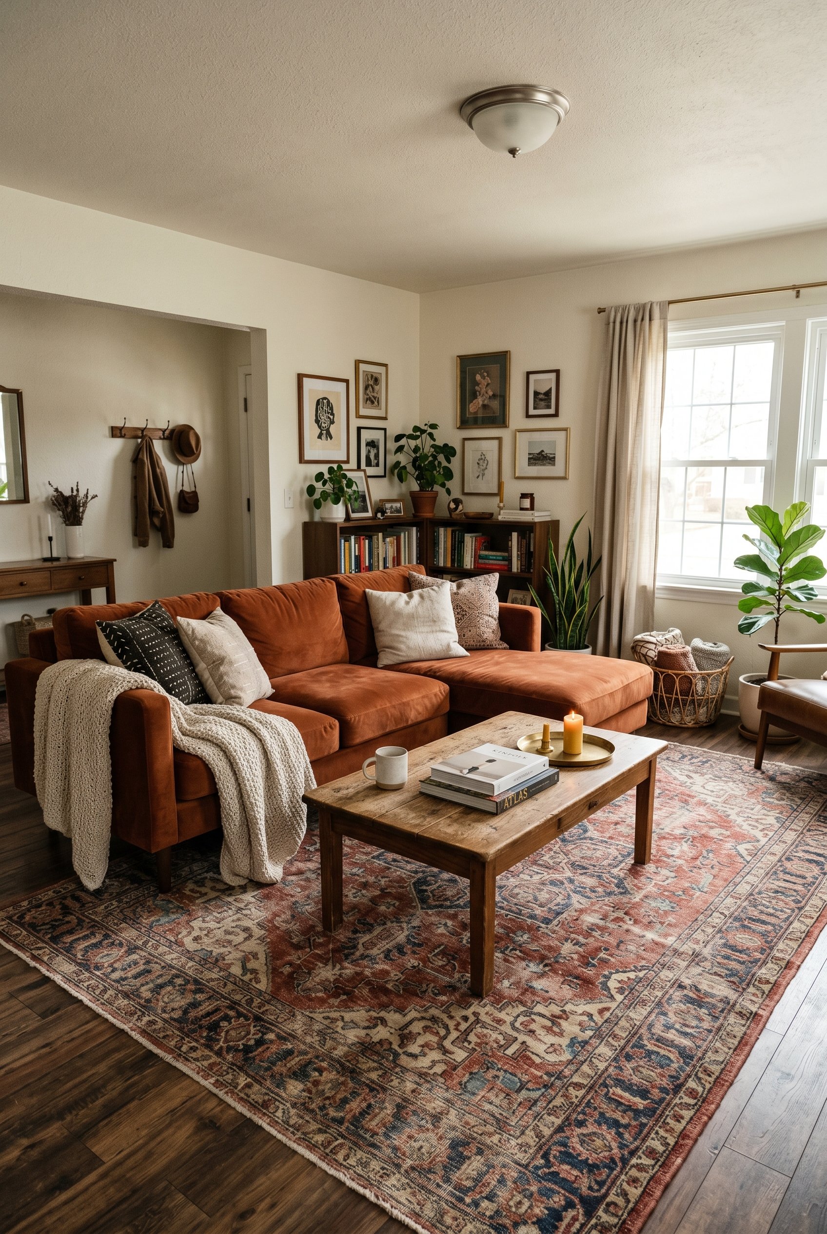 Photorealistic interior photo. A rust-colored sectional sofa sitting on a massive, faded vintage Persian rug that extends far beyond the sofa's edges, grounding the small room. Editorial photography s