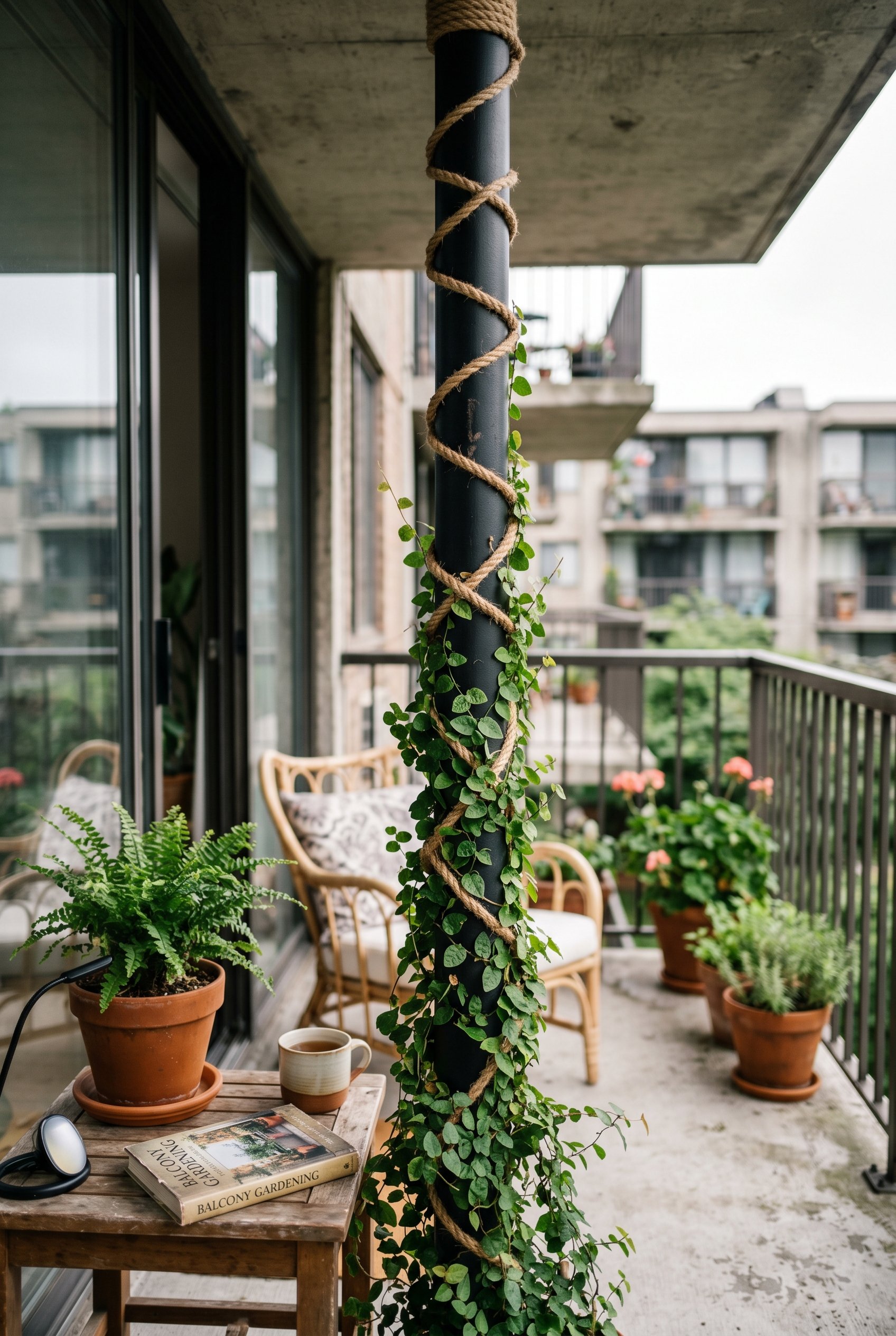 Photorealistic interior photo. A sleek, floor-to-ceiling matte black tension pole on a concrete apartment balcony, wrapped loosely in natural jute rope with creeping fig climbing up. Soft overcast nat