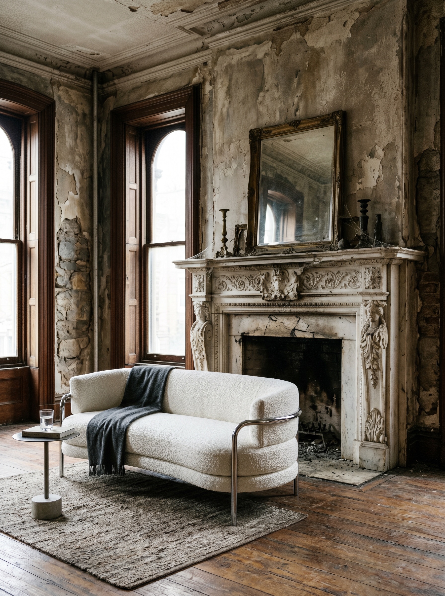 Photorealistic interior photo. A sleek, modern chrome and white bouclé sofa sitting directly in front of an ornate, crumbling 19th-century white marble fireplace. High contrast between sleek modern an