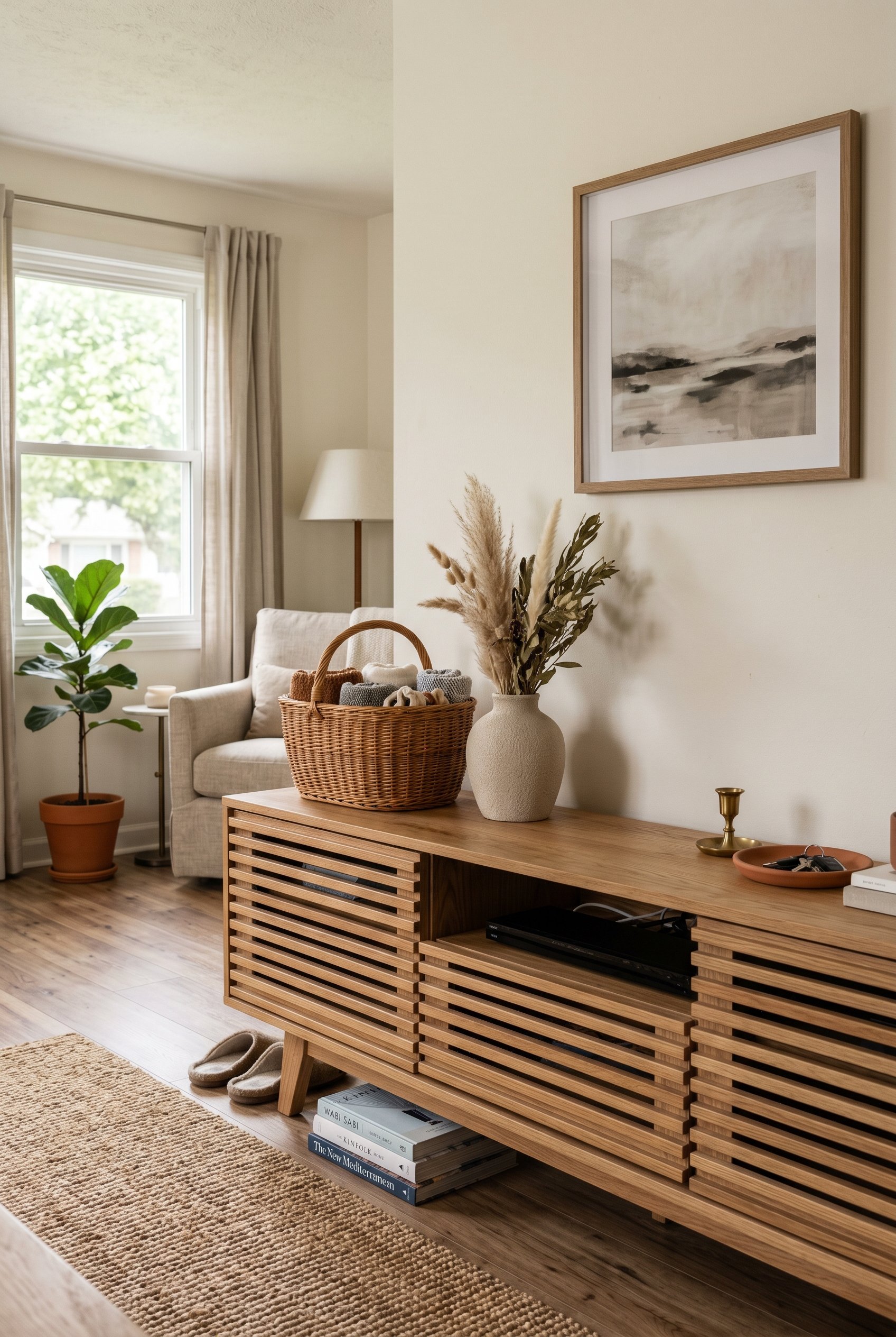 Photorealistic interior photo. A sleek, slatted wood media console hiding electronics. On top sits a woven vintage basket and a neutral ceramic vase. Soft, natural lighting highlighting the wood grain