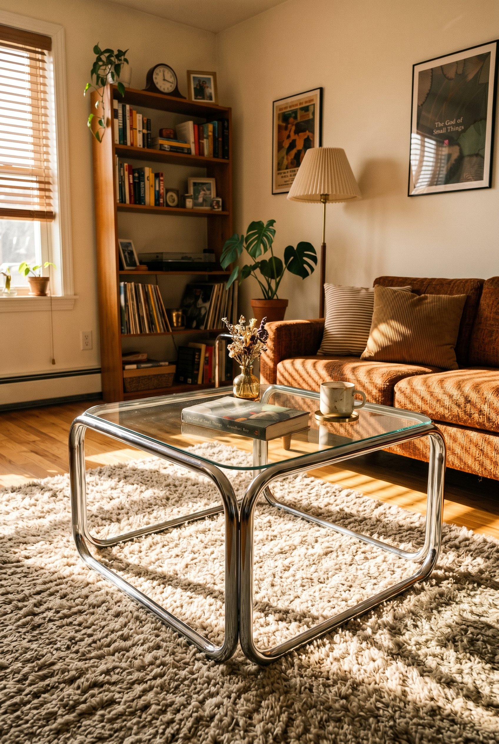Photorealistic interior photo. A sleek tubular chrome and glass coffee table sitting on a plush rug. Mid-century modern meets 90s aesthetic. Harsh, dramatic afternoon sunlight casting sharp shadows, l