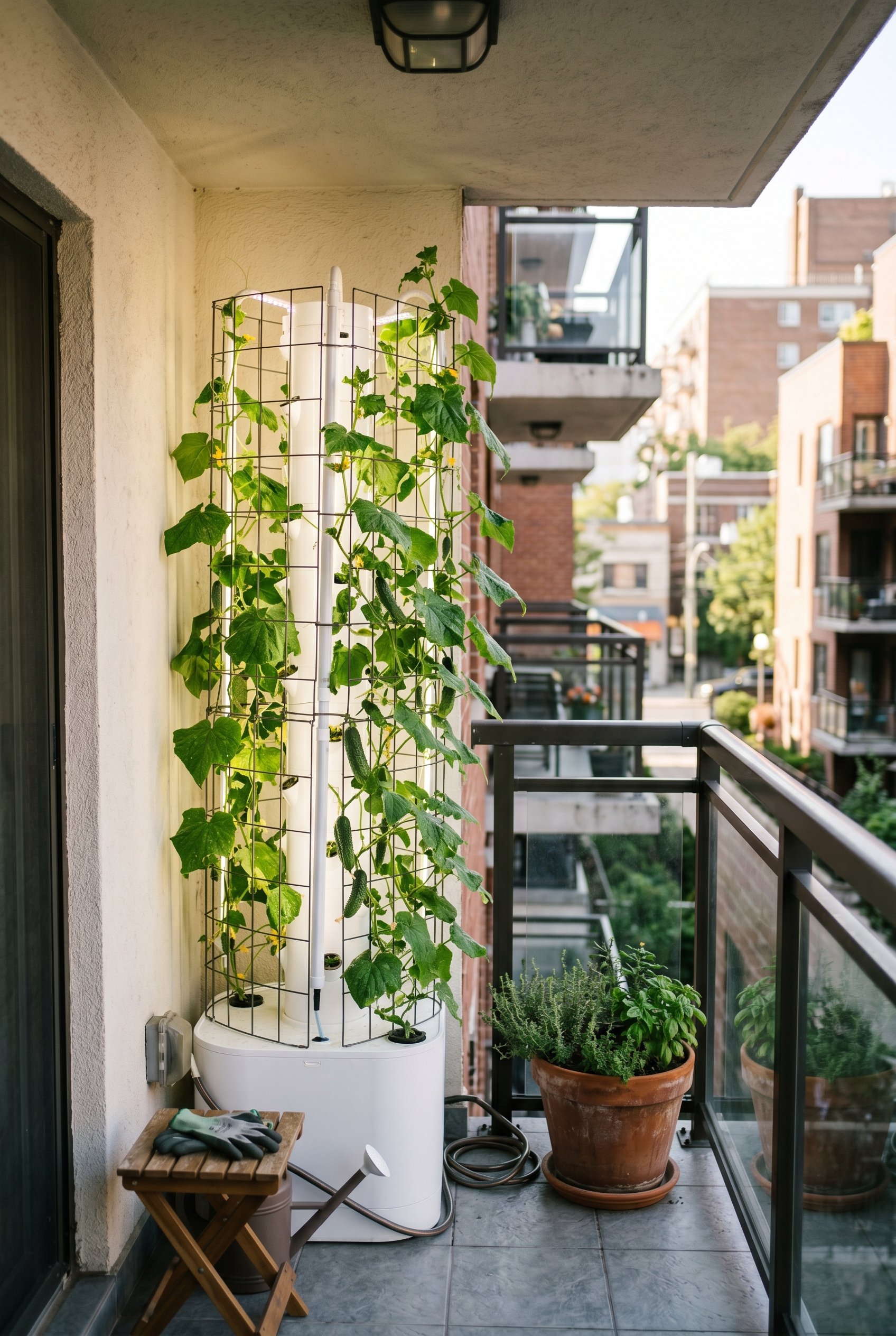 Photorealistic interior photo. A sleek white vertical hydroponic growing tower in the corner of a tiny balcony, with snap-on wire trellis extensions supporting green cucumber vines. Modern, high-tech 