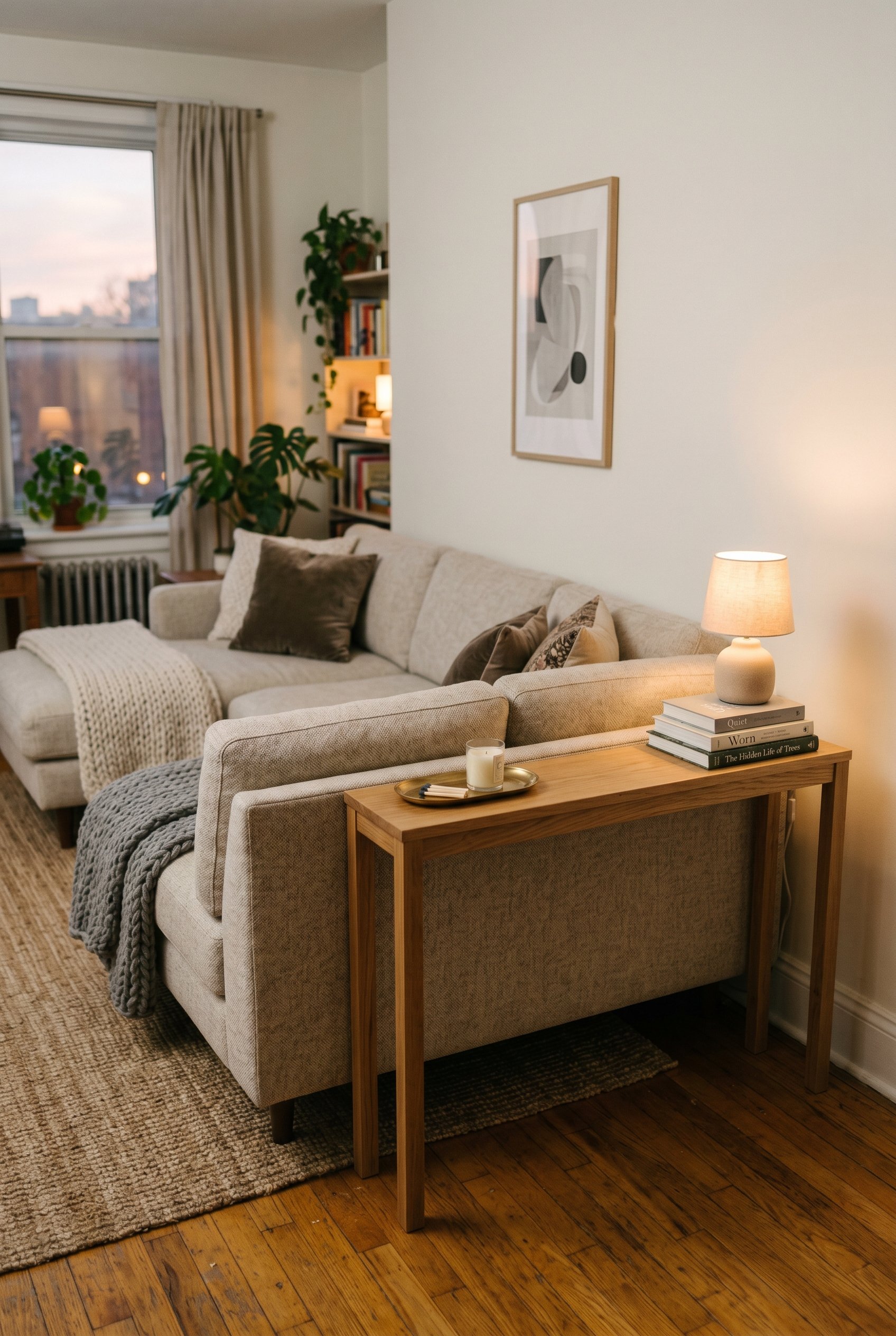 Photorealistic interior photo. A slim, minimalist wood console table tucked discreetly behind a floating sectional sofa, holding a small lamp and a stack of books. Editorial photography style, cozy ev