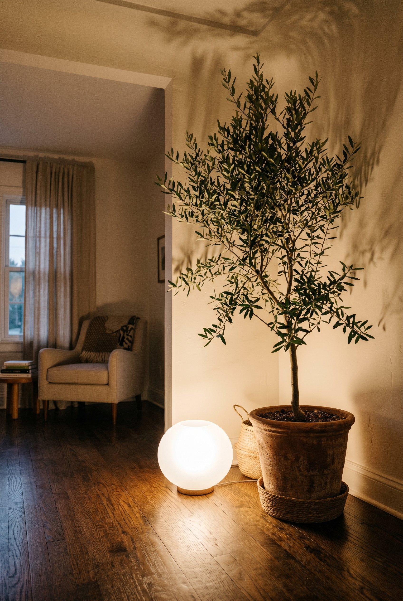 Photorealistic interior photo. A small frosted glass globe lamp resting directly on dark hardwood floors next to a large potted olive tree, casting dramatic shadows upwards, evening lighting, low angl
