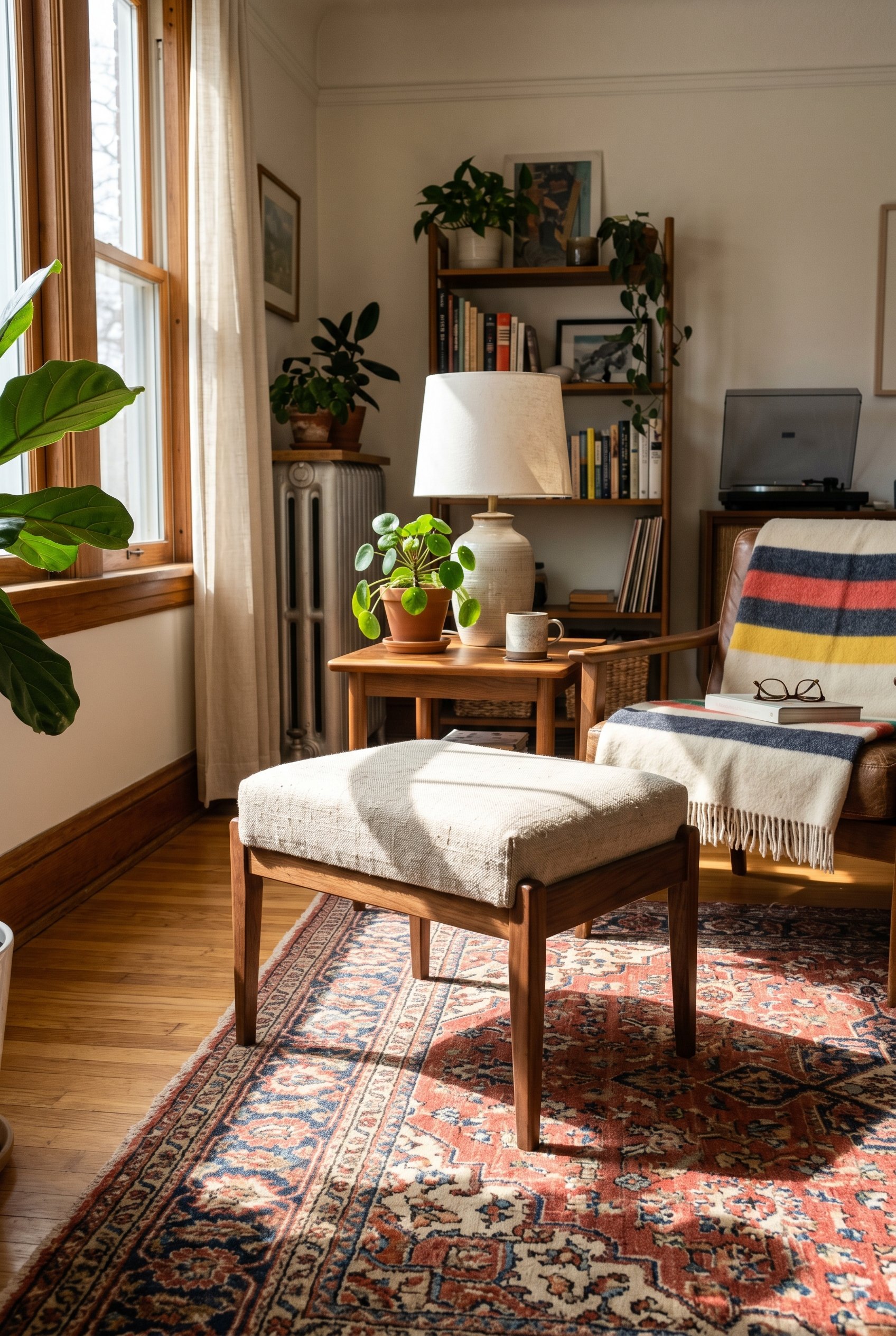 Photorealistic interior photo. A small, mid-century modern footstool tightly upholstered in heavy, raw organic linen. Placed on a vintage rug. Warm sunlight casting structural shadows. Editorial photo
