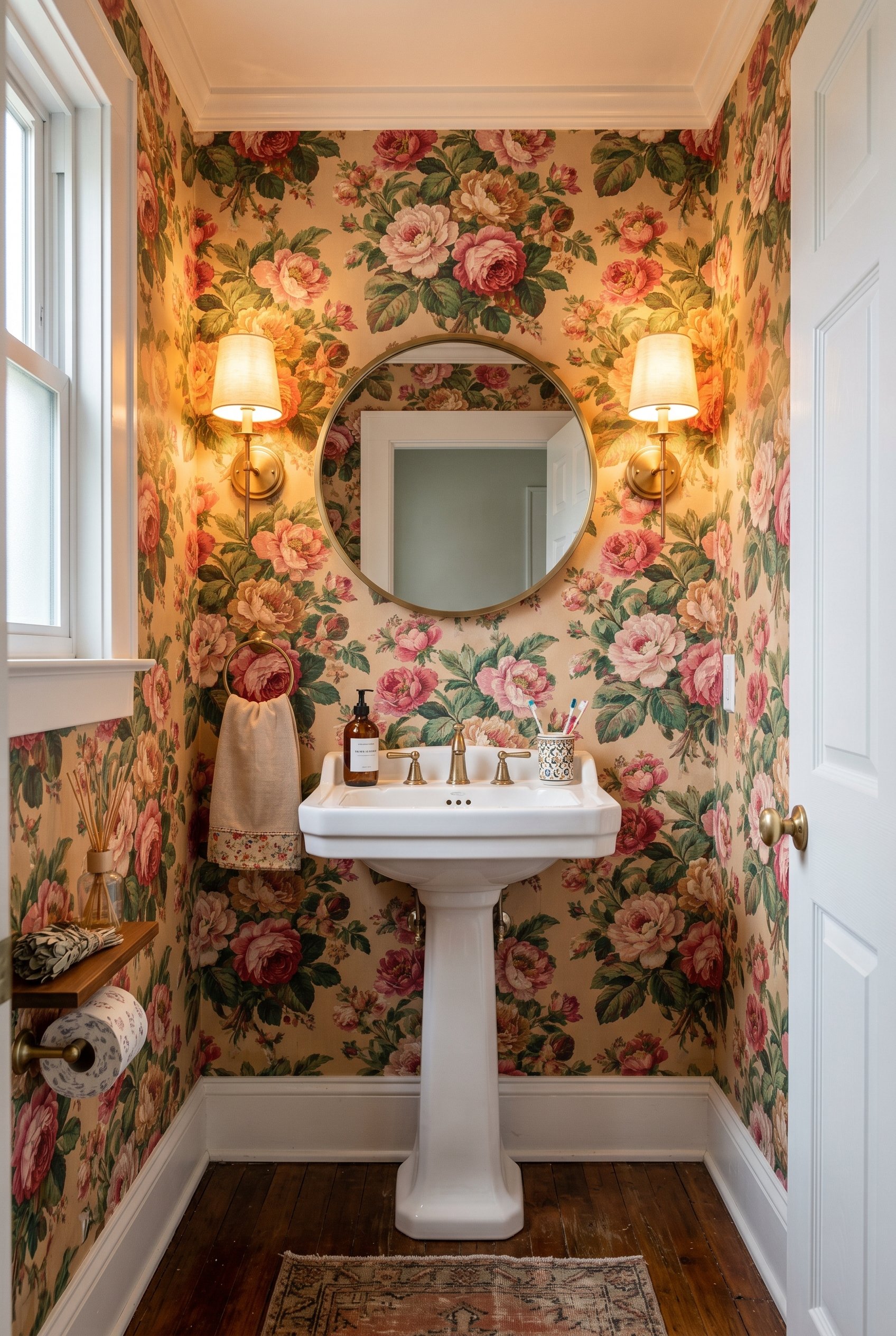 Photorealistic interior photo. A small powder room covered in loud, nostalgic chintz floral wallpaper with massive cabbage roses. A modern brass mirror above a pedestal sink. Warm sconce lighting, eye