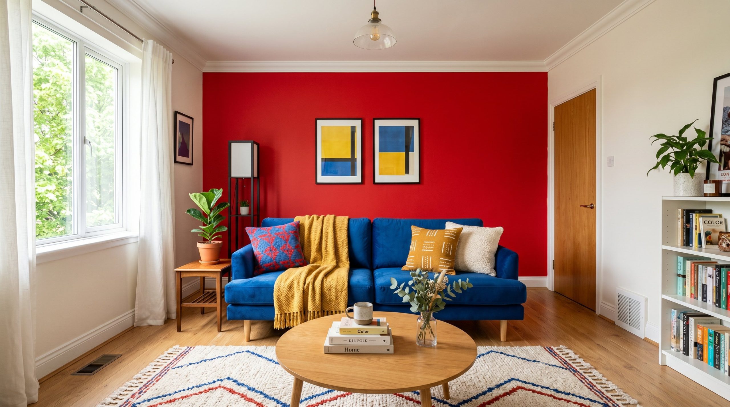 Photorealistic interior photo. A stark color-blocked living room featuring a primary red accent wall behind a cobalt blue velvet sofa. Bold, high contrast. Studio lighting mimicking bright daylight, w