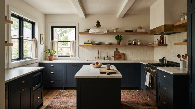 Photorealistic interior photo. A striking kitchen balancing modern sleekness with vintage soul. Dark, moody painted lower cabinets, warm white oak floating shelves, a heavily distressed vintage Persia