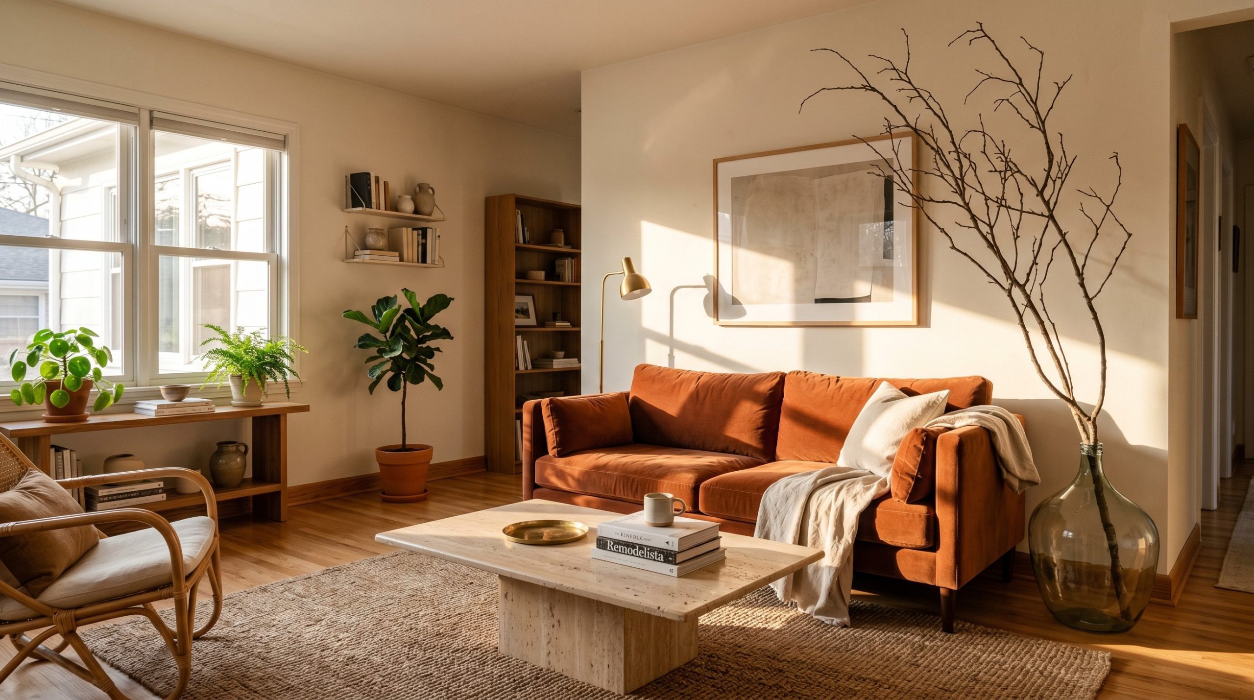 Photorealistic interior photo. A stunning, chic living room featuring a low-profile travertine coffee table, a rust-colored velvet sofa, and a massive foraged tree branch in a glass vase. Warm afterno