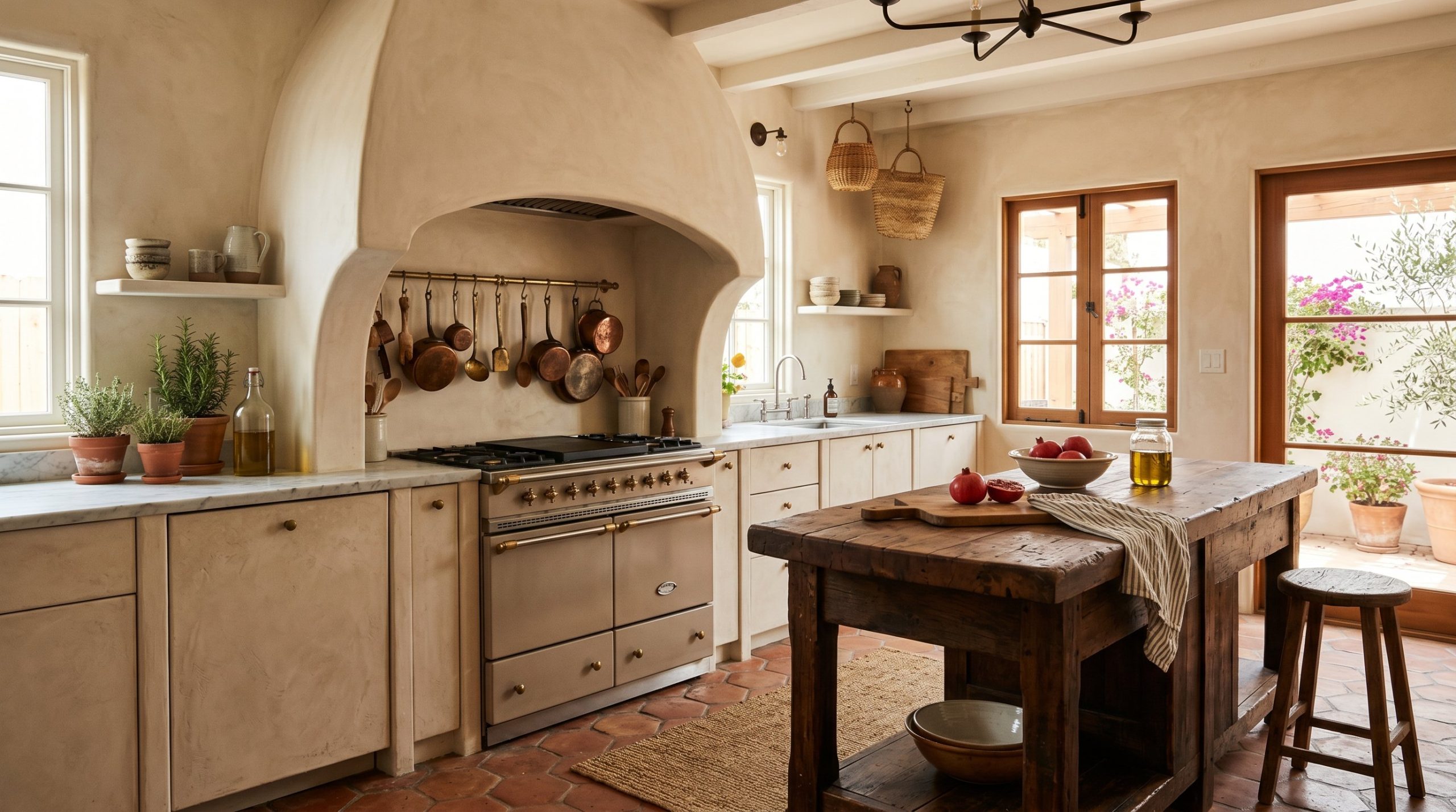 Photorealistic interior photo. A stunning Mediterranean kitchen with a massive drywalled arched range hood, unsealed terracotta hex floors, warm limewash walls, an unlacquered brass rail holding vinta