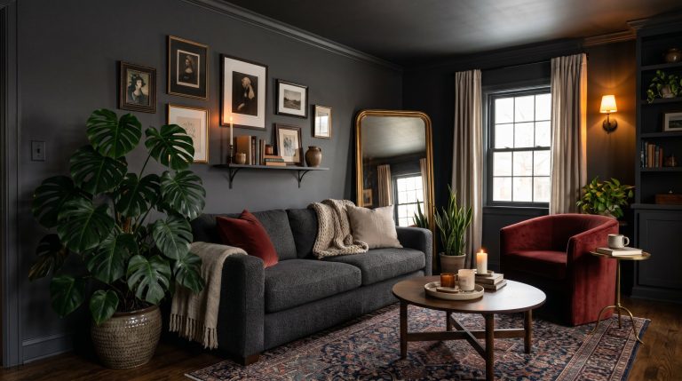 Photorealistic interior photo. A stunning, moody living room completely color-drenched in matte charcoal gray. Features a mix of tactile textures with a dark boucle sofa, an oxblood red velvet accent