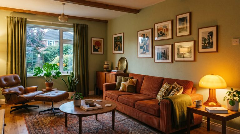 Photorealistic interior photo. A stunning retro-modern living room featuring a wide-wale corduroy sofa in burnt orange, a classic teak mid-century sideboard, and a glowing glass mushroom lamp. Olive g
