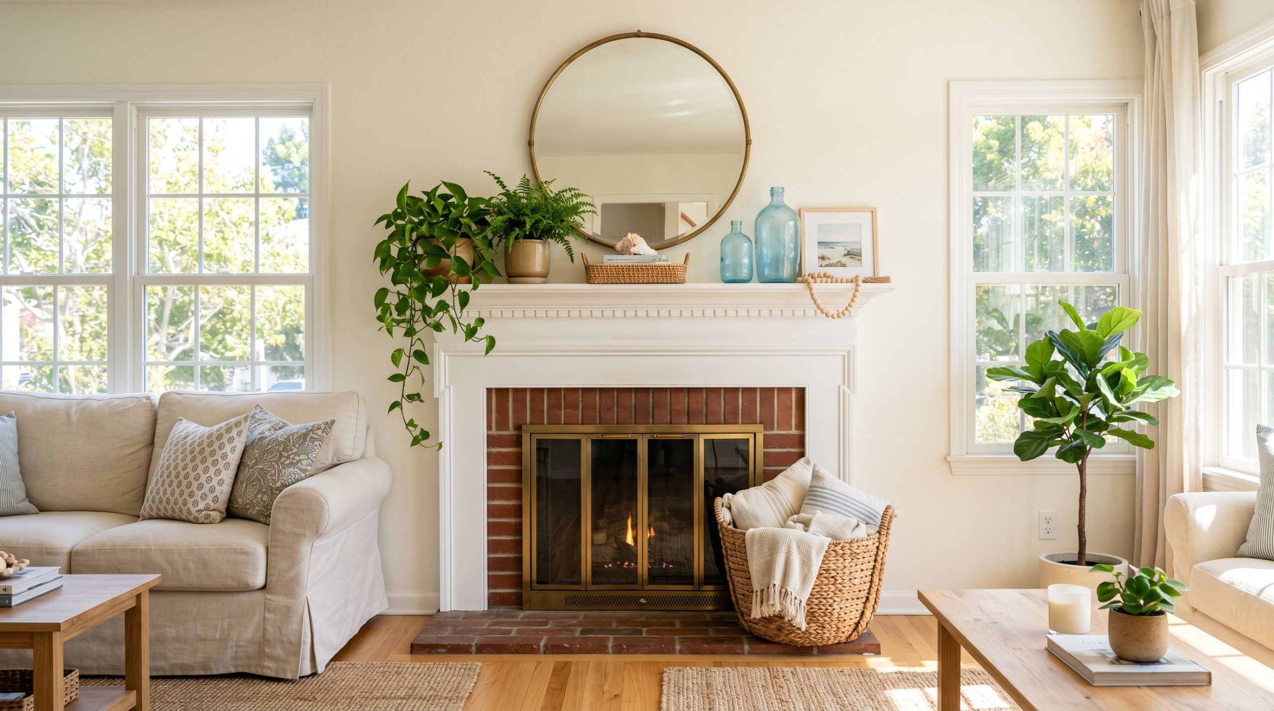 Photorealistic interior photo. A stunning, sun-drenched summer living room focused on the fireplace mantel. The mantel is styled with a mix of airy woven rattan, a large leaning gold mirror reflecting
