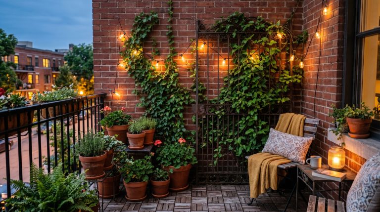 Photorealistic interior photo. A stunning, ultra-cozy small urban balcony featuring a mix of invisible fishing line trellises against a brick wall and a leaning vintage iron gate covered in lush green