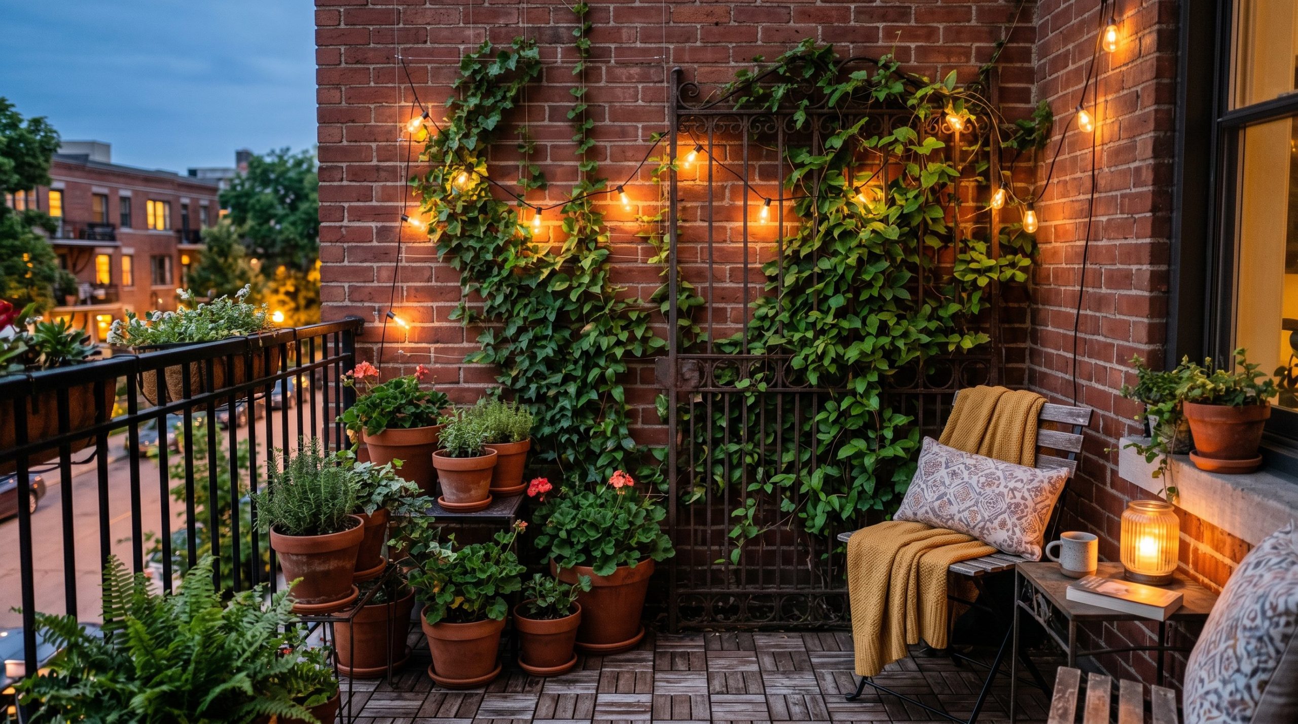 Photorealistic interior photo. A stunning, ultra-cozy small urban balcony featuring a mix of invisible fishing line trellises against a brick wall and a leaning vintage iron gate covered in lush green