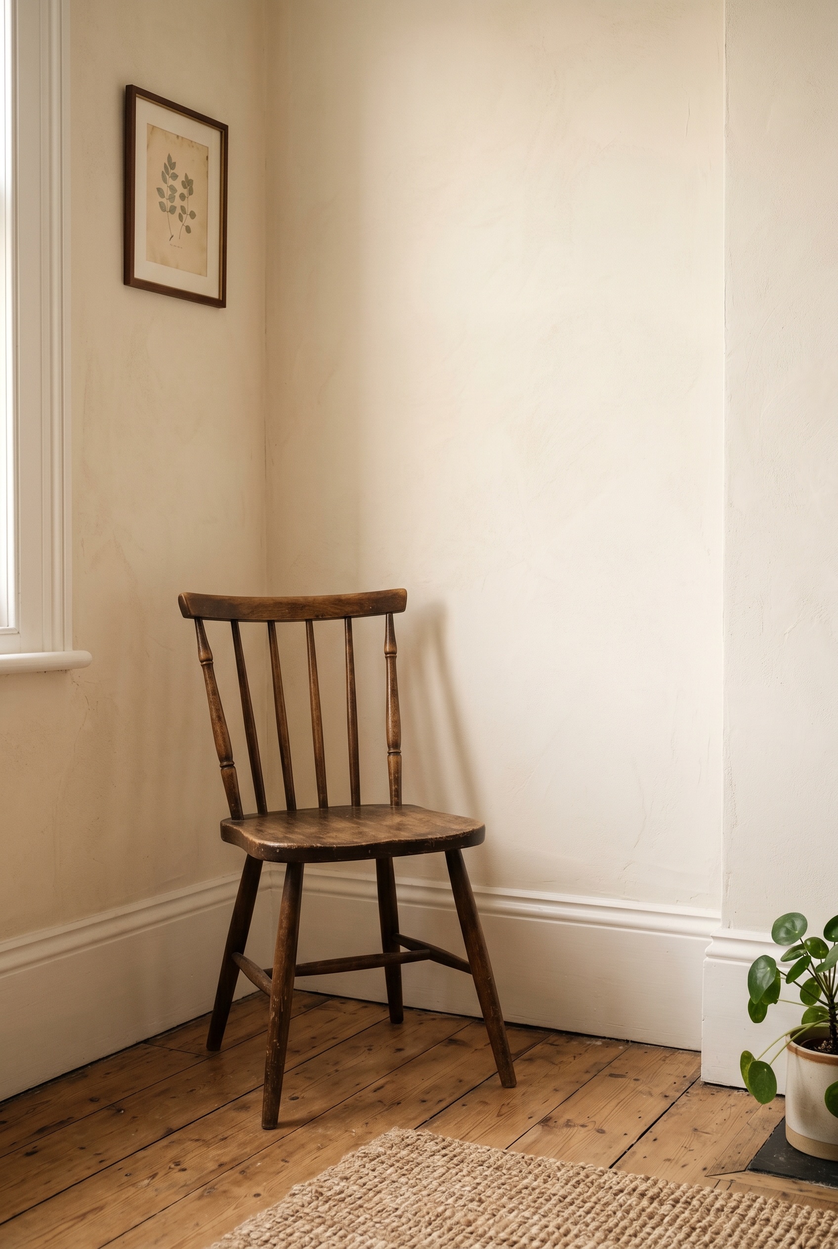 Photorealistic interior photo. A sunlit corner of an apartment showing creamy, warm white walls (chalky plaster texture) meeting a tall white baseboard. A single vintage wooden chair sits against the 