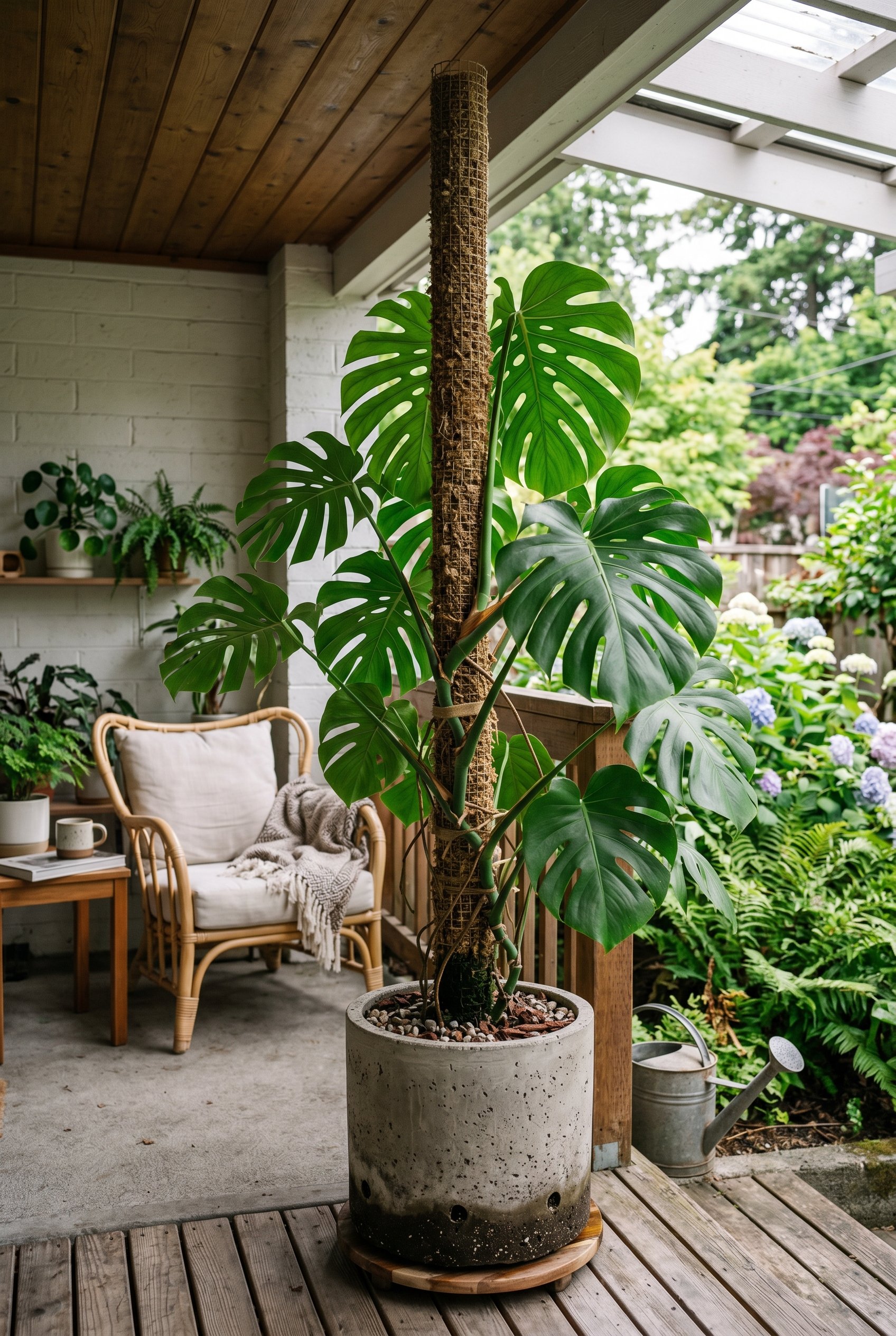 Photorealistic interior photo. A tall, damp sphagnum moss pole standing in a modern concrete pot in a shadowed corner of a covered patio. A large, lush Monstera deliciosa climbing the pole. Soft ambie