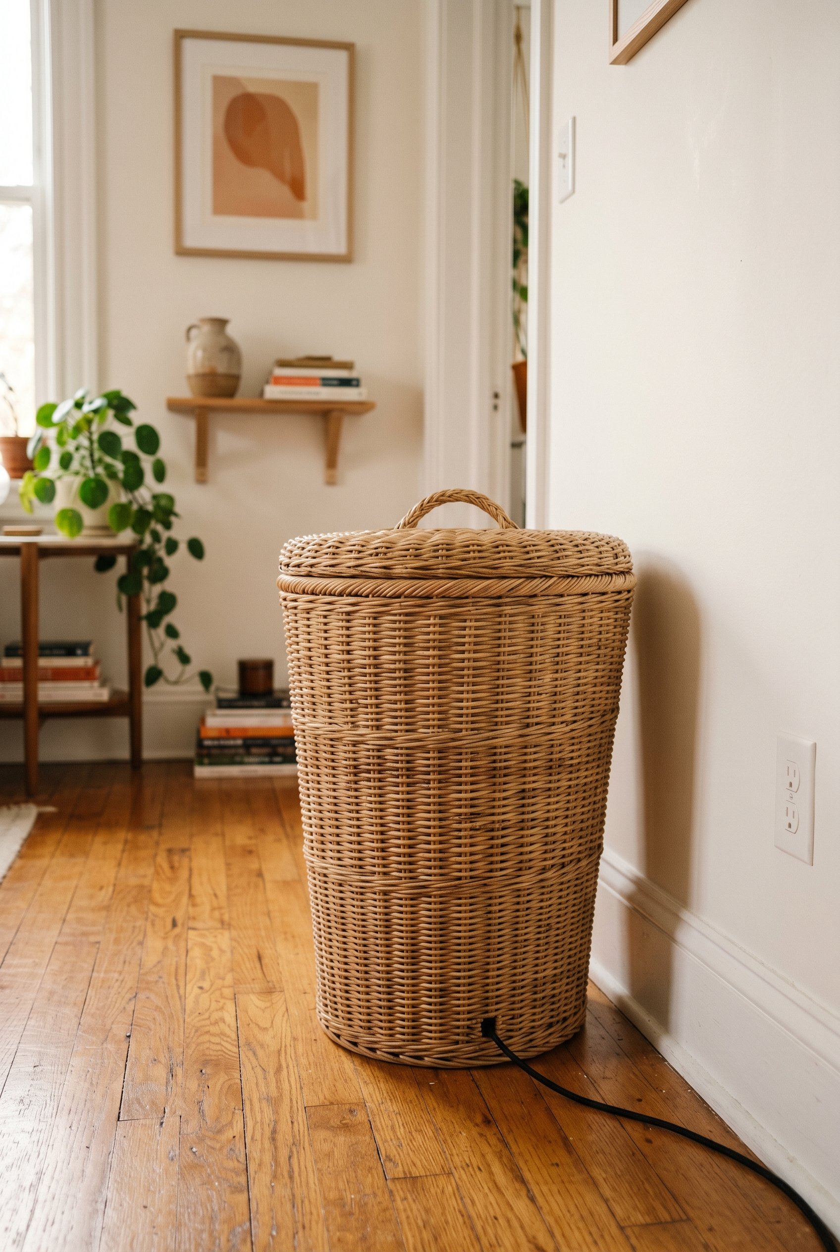 Photorealistic interior photo. A tall, woven rattan basket with a lid sitting on a hardwood floor next to a white wall. A subtle black power cord feeds into a neat hole at the base. Warm, cozy lightin