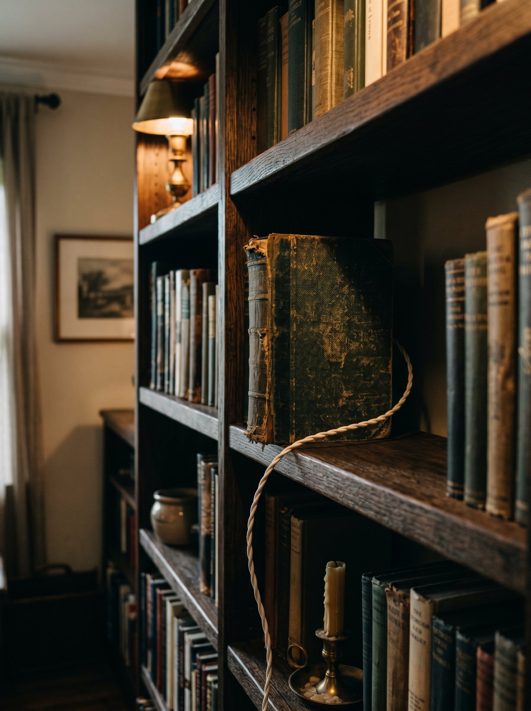 Photorealistic interior photo. A thick, vintage fabric-covered book sitting on a dark wood shelf. A subtle white cord escapes from the back spine. Moody, warm lighting, deep shadows. Editorial photogr