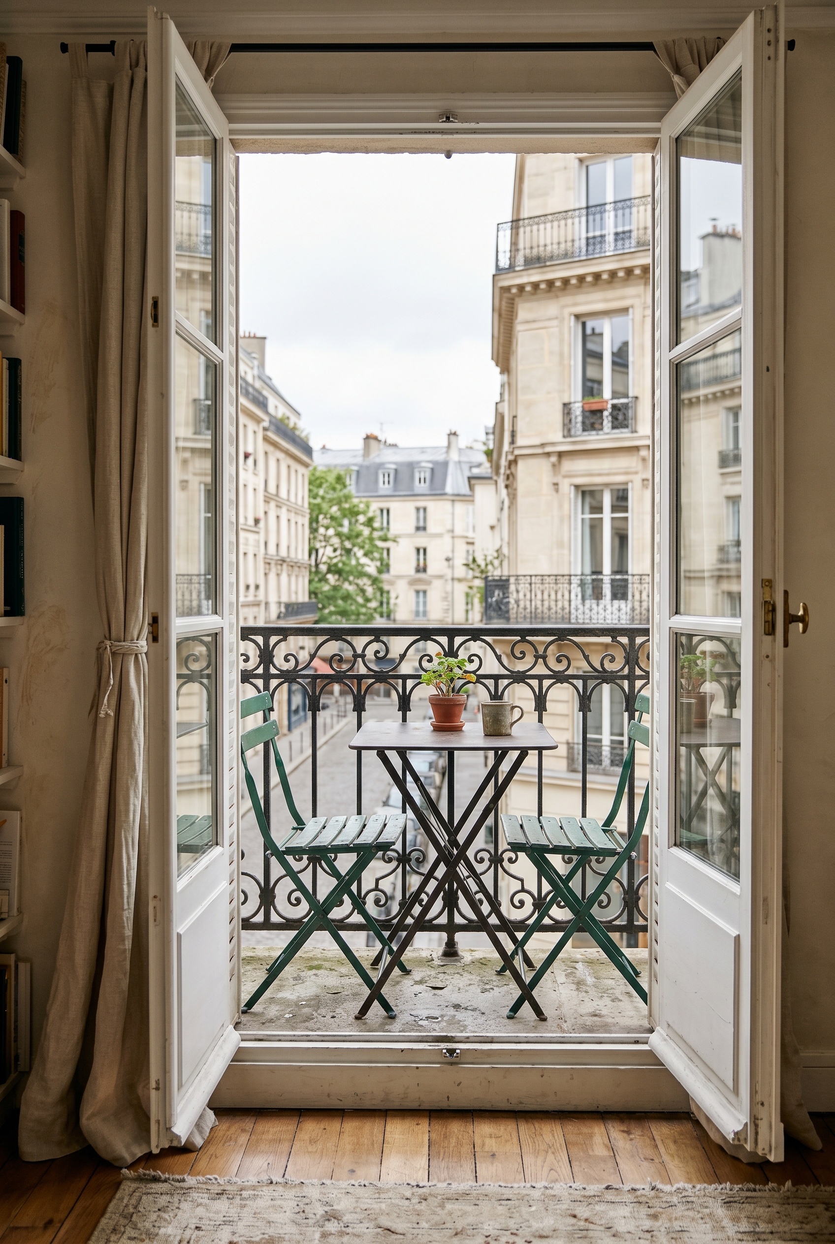 Photorealistic interior photo. A tiny Juliet balcony with black wrought iron railings framing an open French door. A folding metal bistro table and two green chairs sit tightly in the space. Overcast 