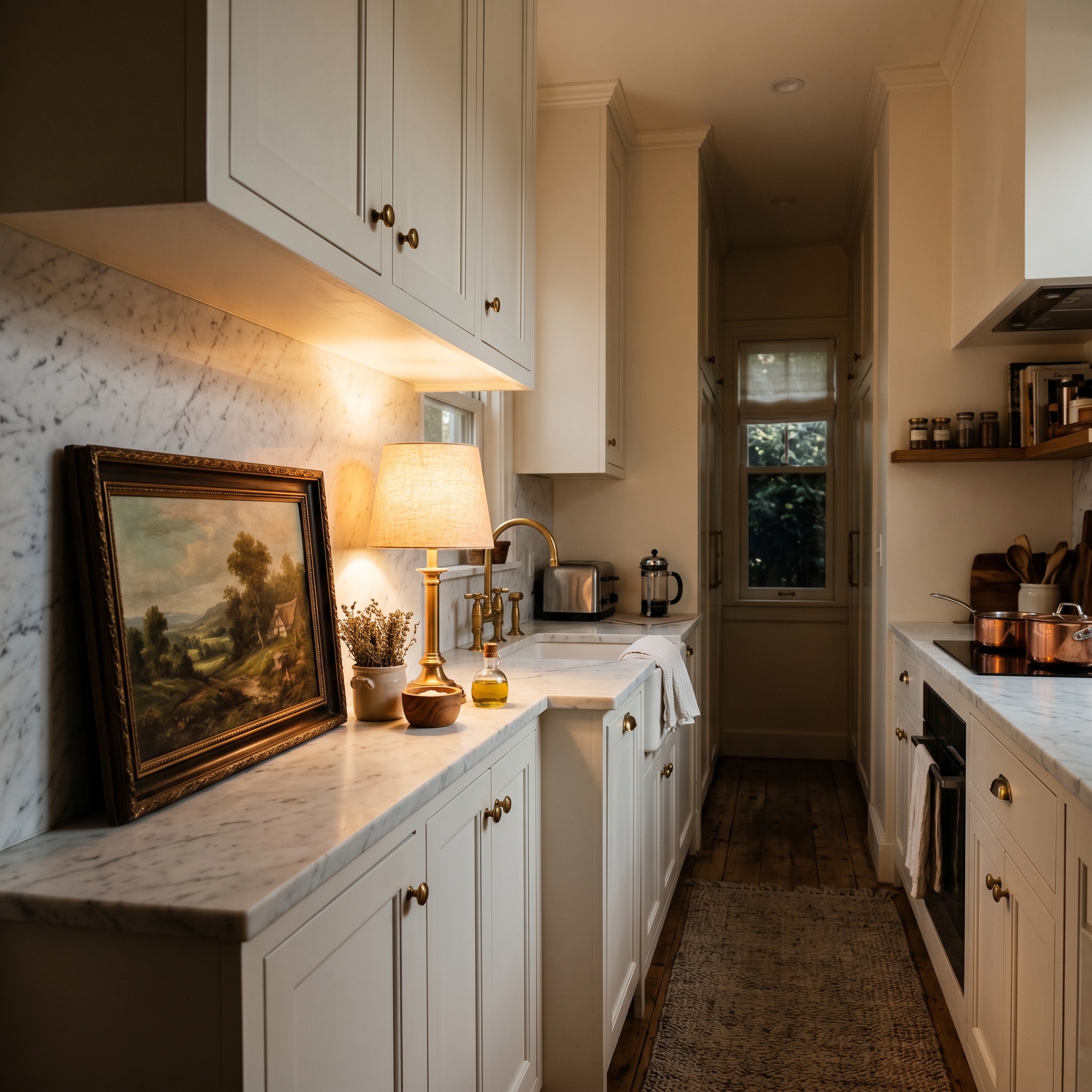 Photorealistic interior photo. A tiny, narrow galley kitchen with white cabinets. A vintage oil painting of a landscape leans against the marble backsplash next to a small, glowing brass table lamp. W