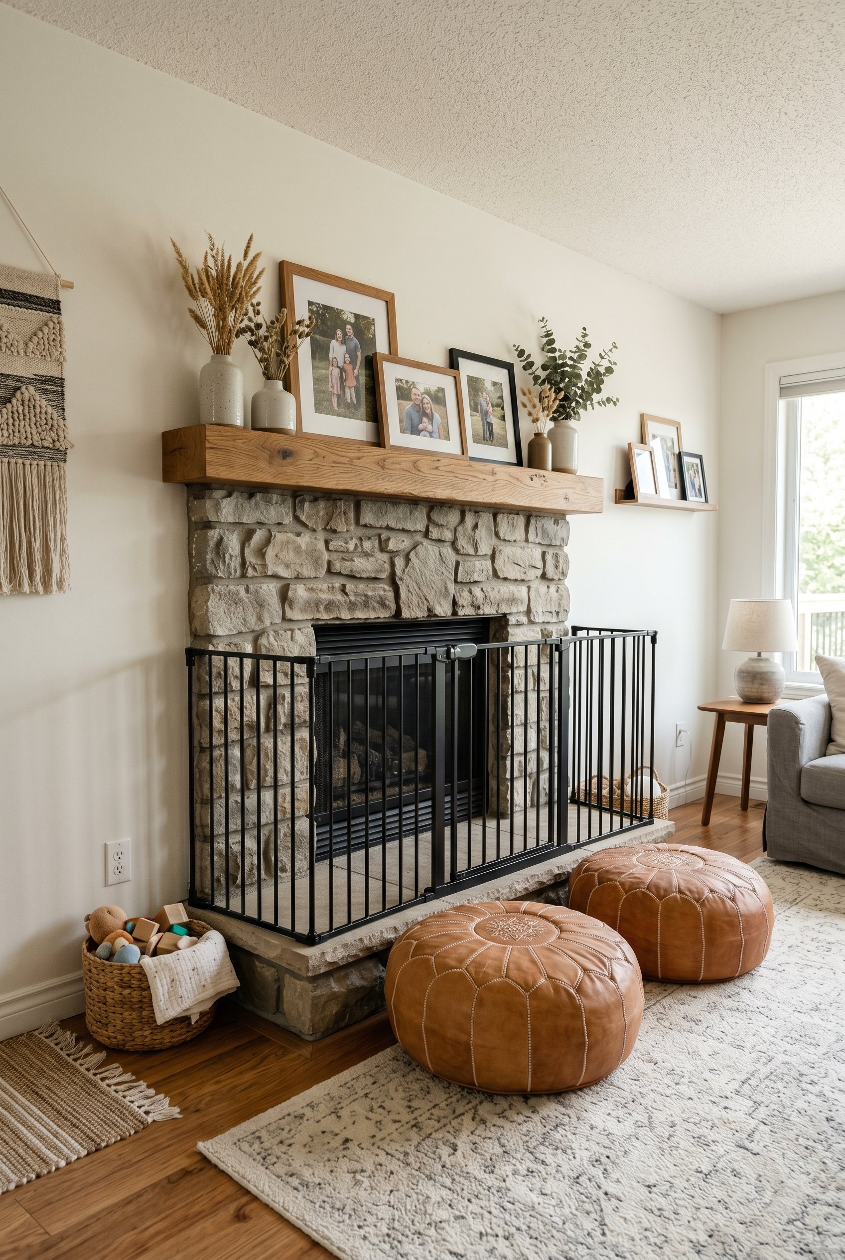 Photorealistic interior photo. A toddler-proofed summer hearth. Two large, soft tan Moroccan poufs sit in front of the fireplace stone corners. The mantel above has securely fastened frames and vases.
