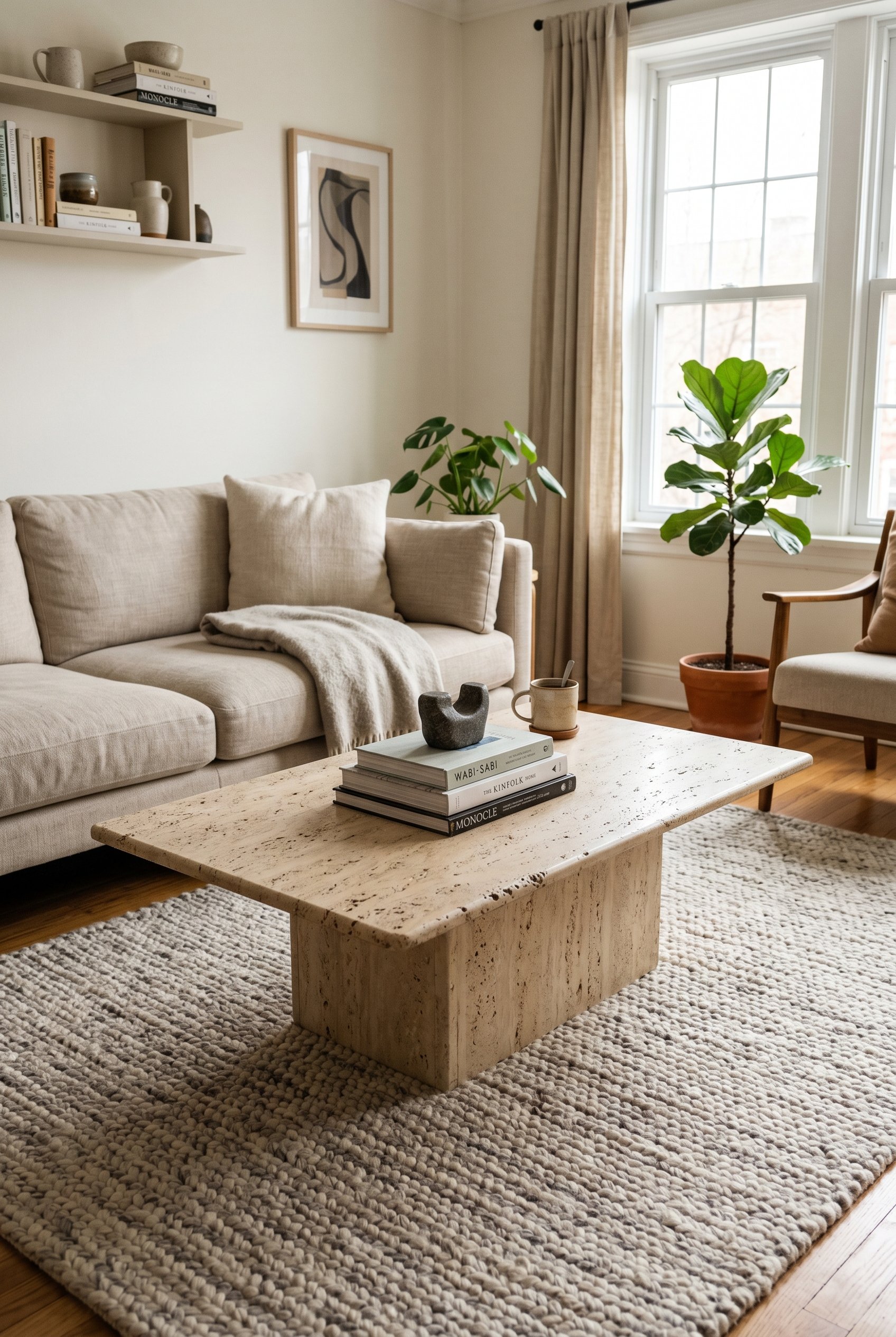 Photorealistic interior photo. A vintage, porous beige travertine coffee table placed on a textured wool rug. Minimalist styling with a stack of design books and a small stone object. Bright, natural 