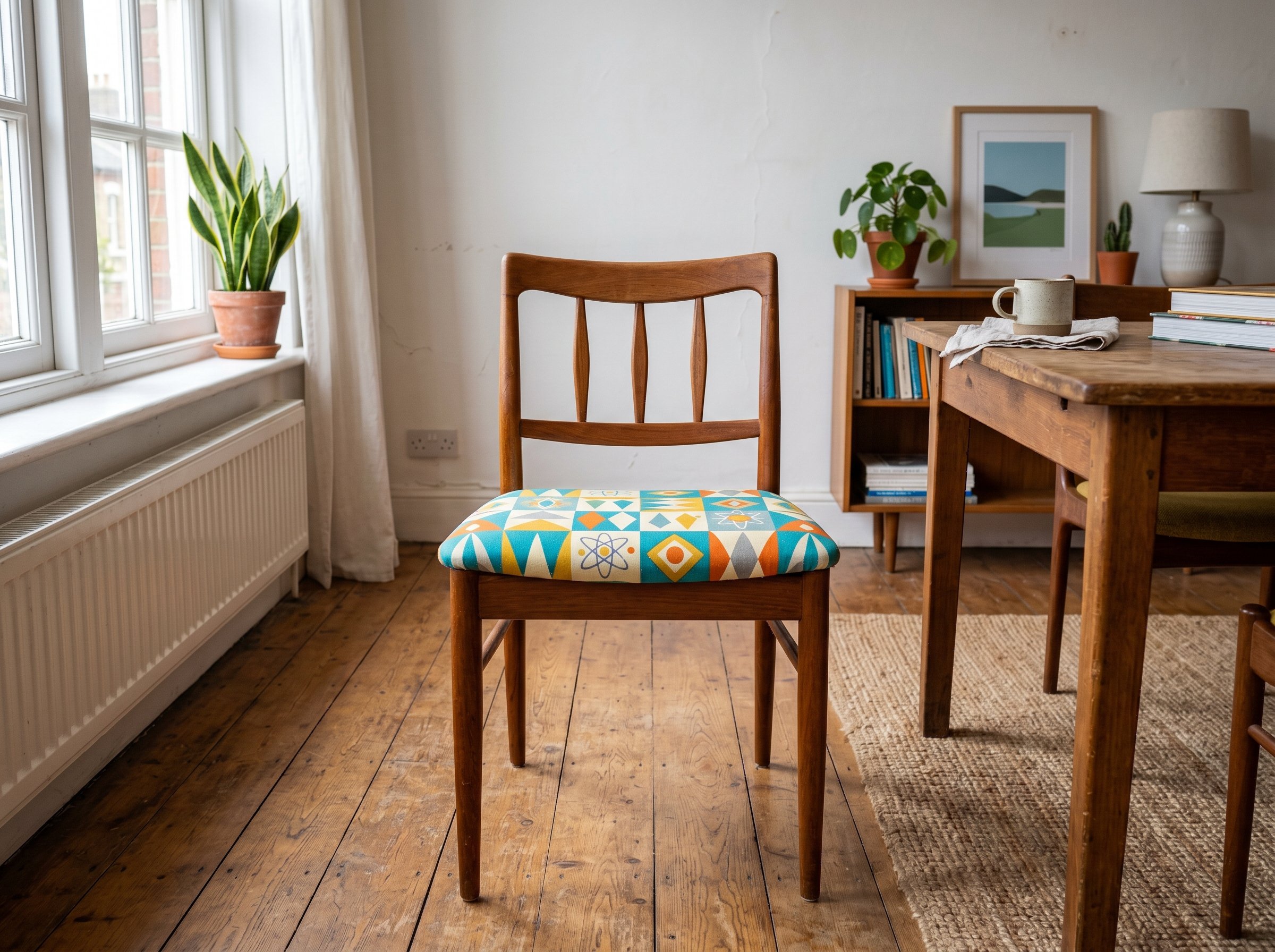 Photorealistic interior photo. A vintage wooden dining chair with newly upholstered bright geometric retro fabric on the seat cushion, sitting in a bright studio, straight-on shot. Editorial photograp