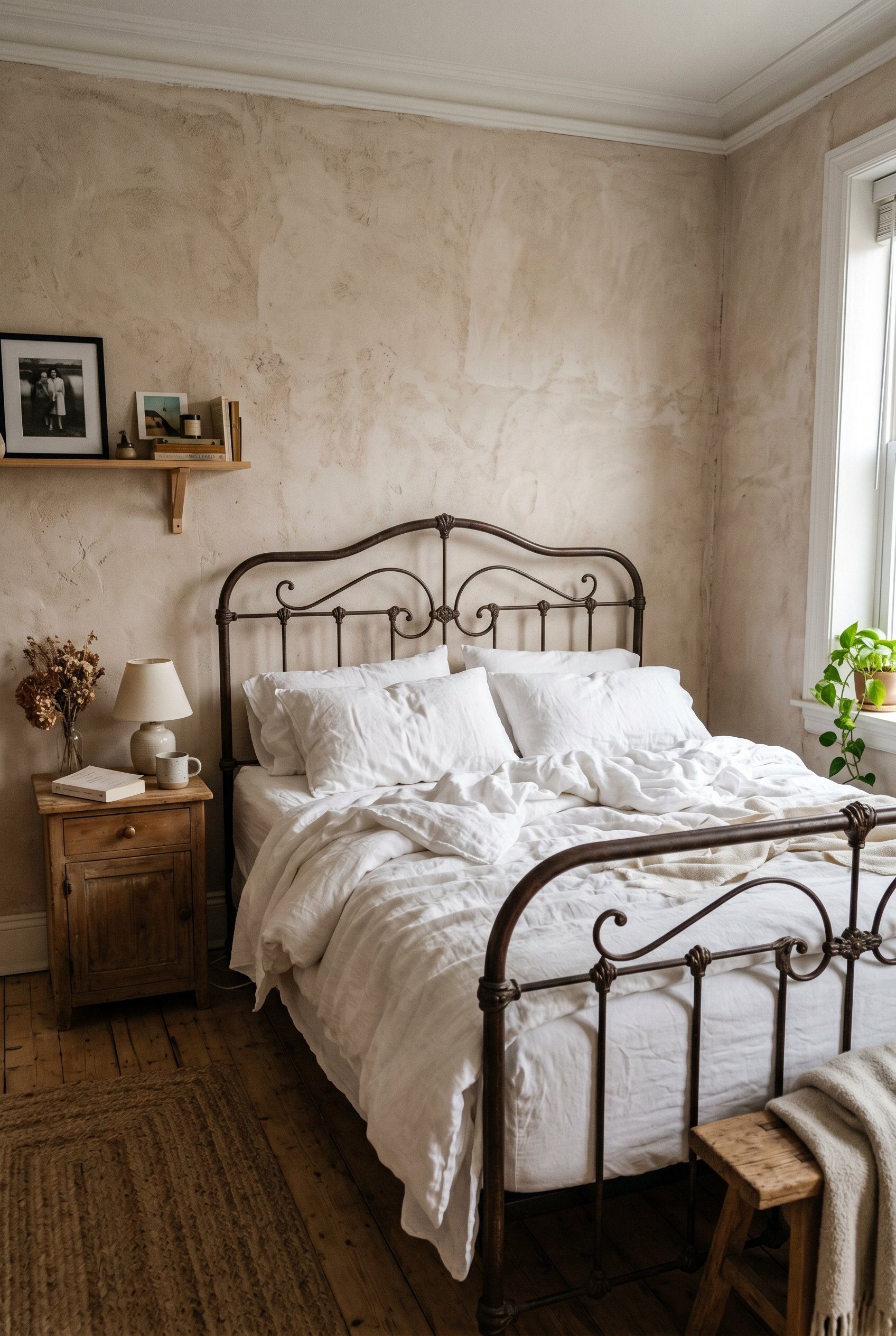Photorealistic interior photo. A vintage wrought iron bed frame dressed in messy, ultra-modern white linen sheets. A bare plaster wall behind it. Soft, romantic morning lighting, shot from the foot of