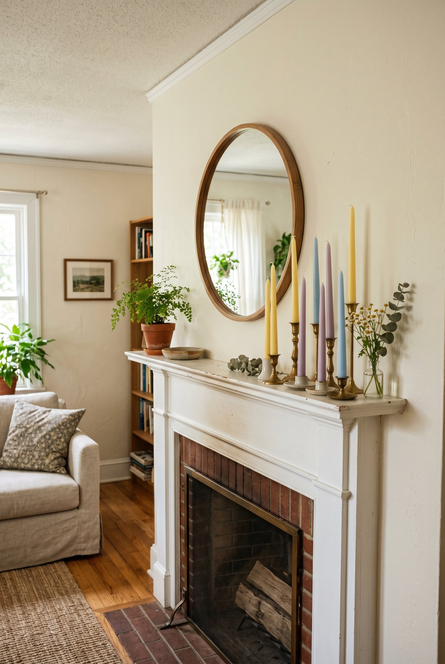 Photorealistic interior photo. A white mantel decorated with a cluster of seven to nine tall, slender taper candles in varying heights. The candles are pastel shades of buttery yellow, muted lilac, an