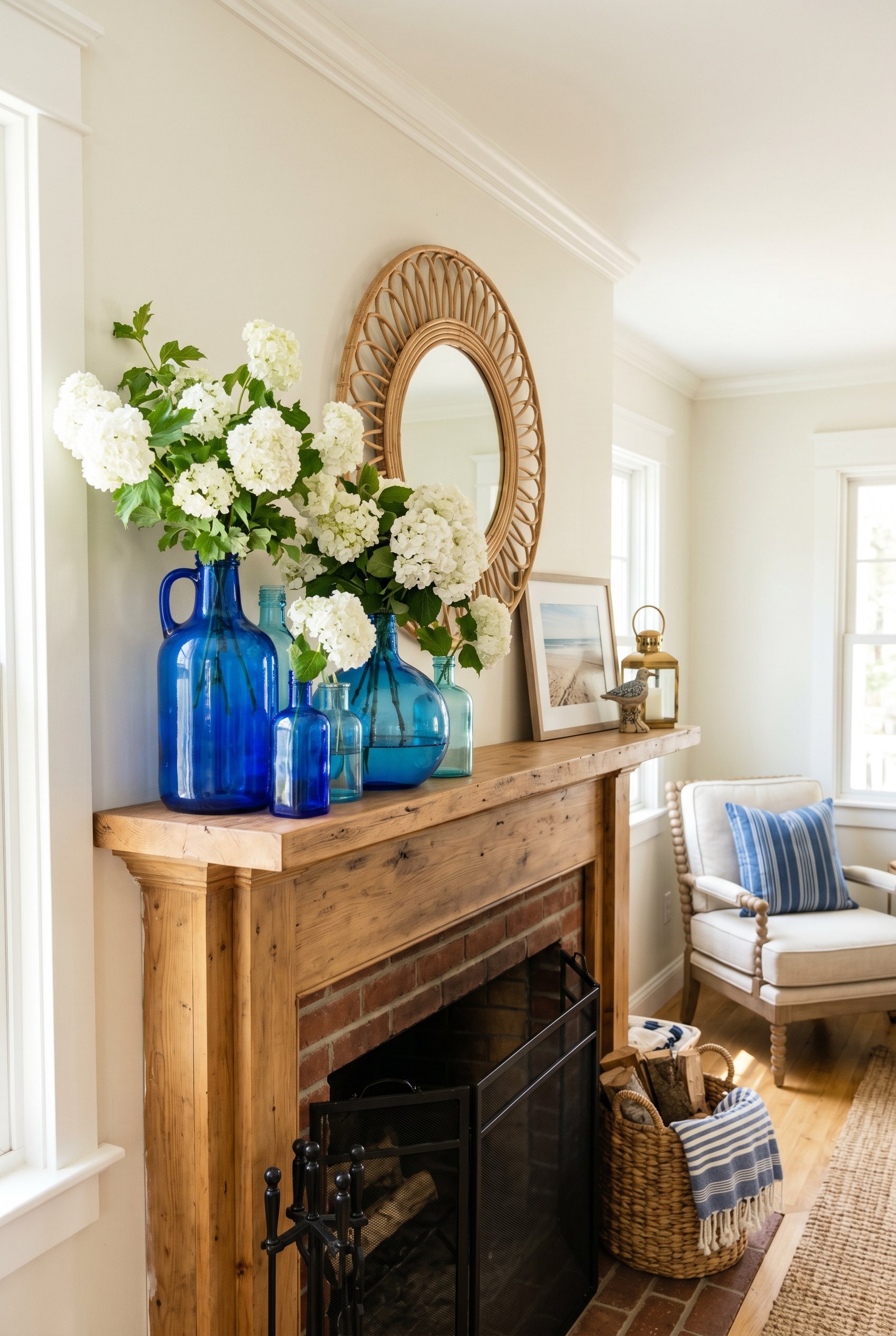 Photorealistic interior photo. A wooden mantel styled with saturated, watery blue glass jugs grouped on one side. The jugs are filled with inexpensive white hydrangeas. Classic coastal preppy style, b
