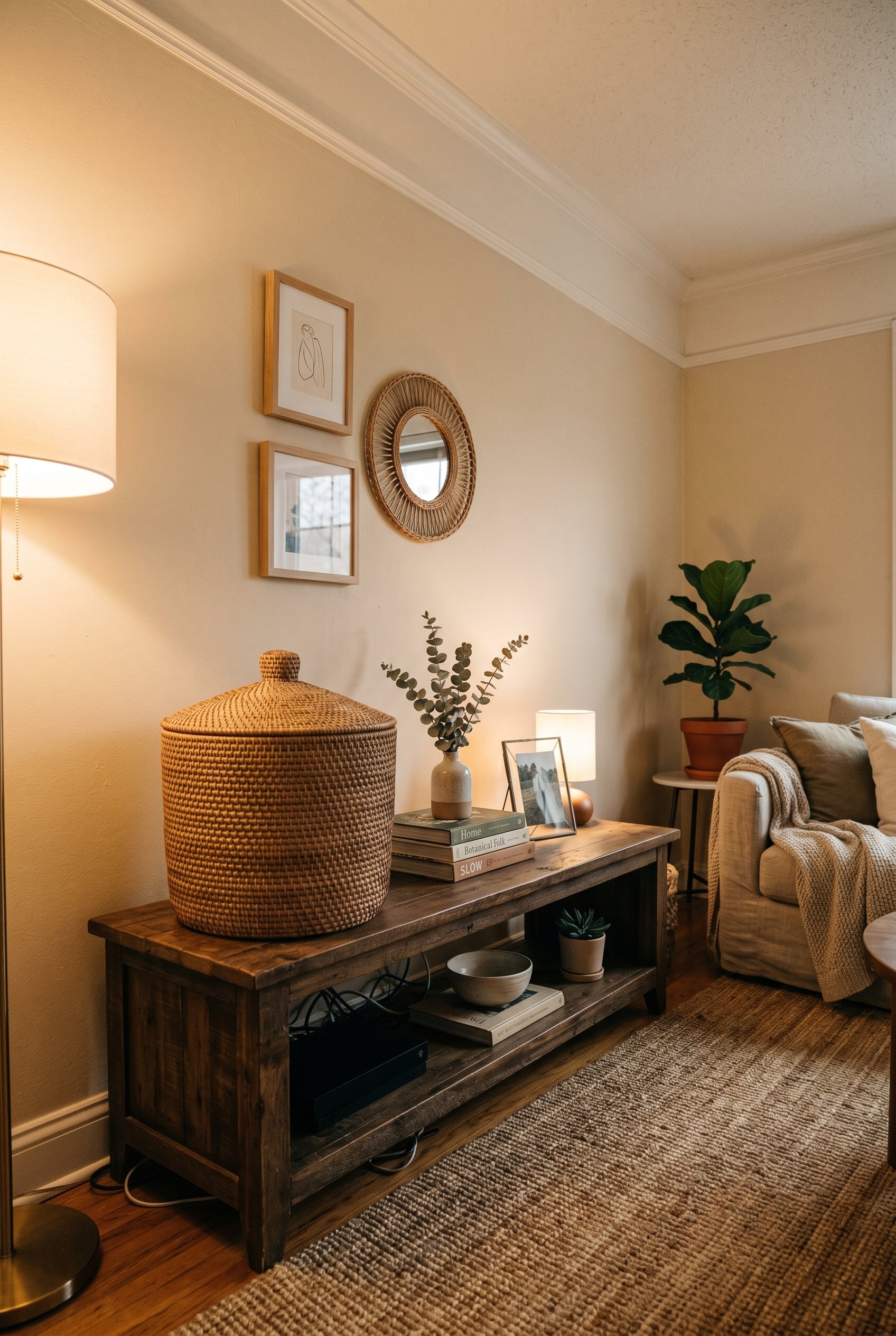 Photorealistic interior photo. A woven rattan basket with a lid sitting on a distressed wooden media console, hiding electronics, warm low lighting, straight on angle. Editorial photography style, no 