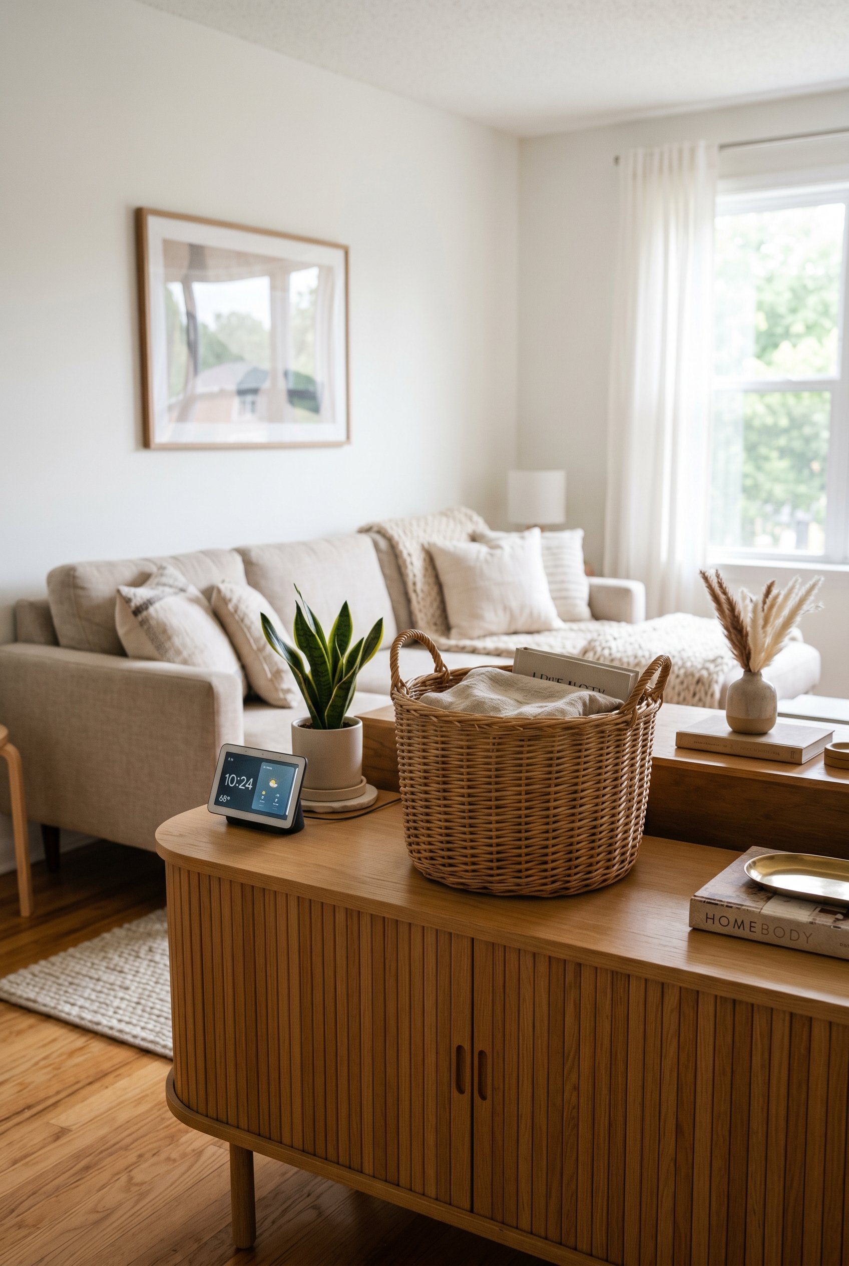 Photorealistic interior photo. A woven wicker basket sitting on a blonde wood credenza, subtle tech integration, clean minimalist living room background, eye-level camera angle. Editorial photography