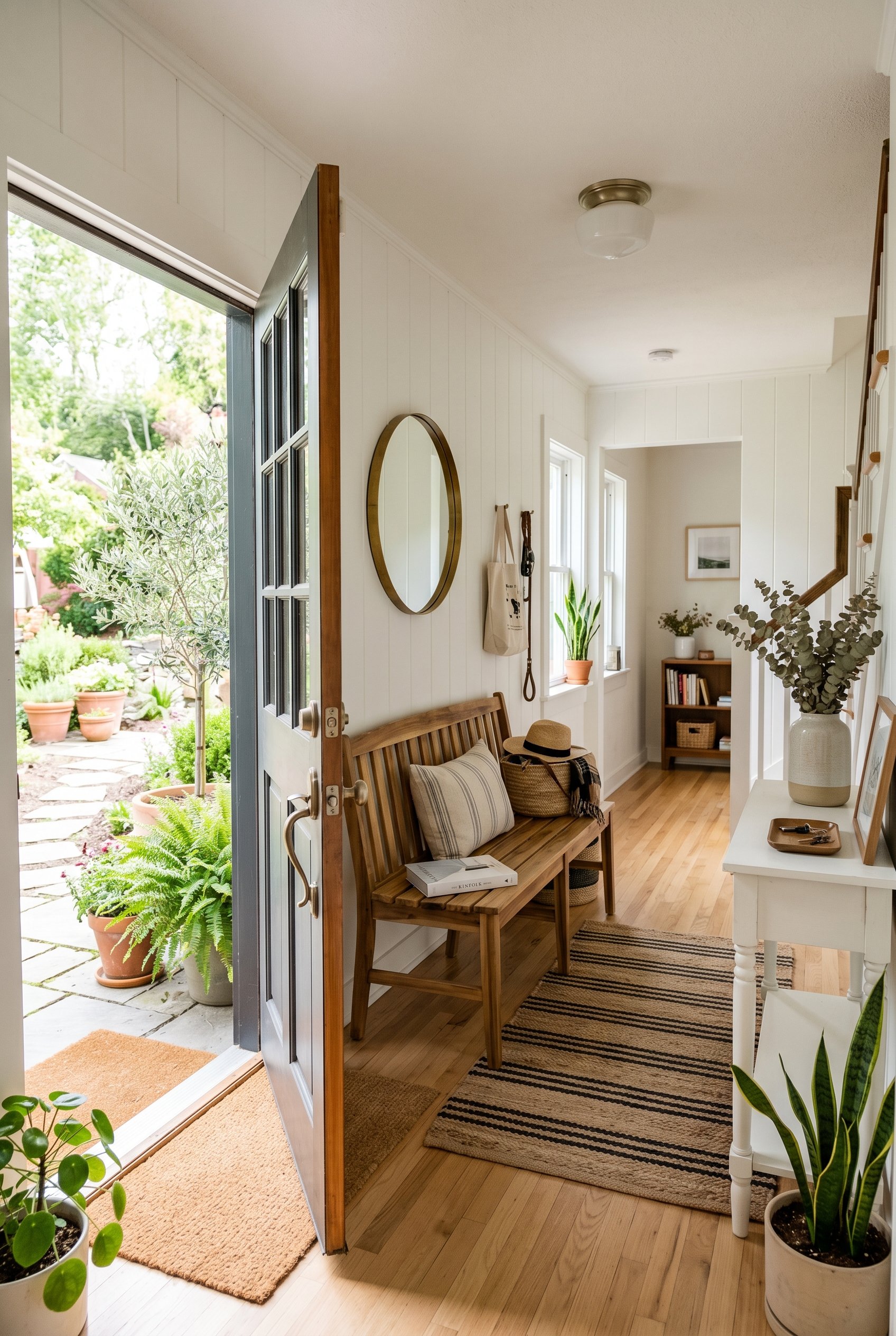 Photorealistic interior photo. Acacia wood bench in a bright white entryway, indoor-outdoor living aesthetic, natural light streaming through an open door, wide shot. Editorial photography style, no p