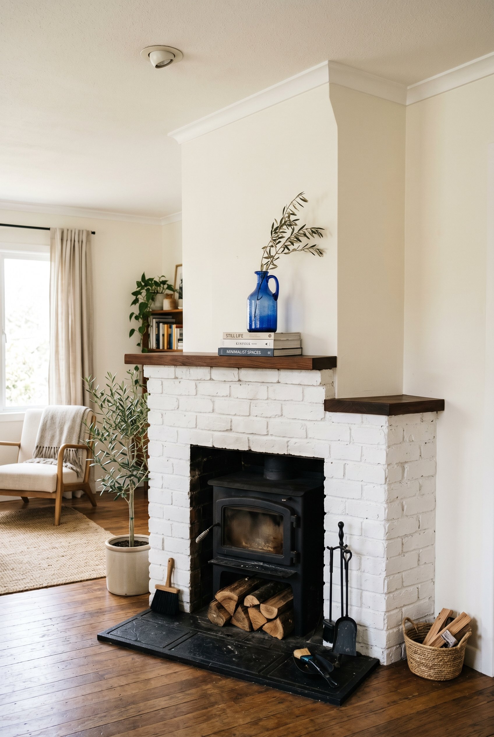 Photorealistic interior photo. An asymmetrical corner fireplace painted white. The wider side of the mantel holds three stacked art books and a tall blue glass jug. The narrow side is completely bare.