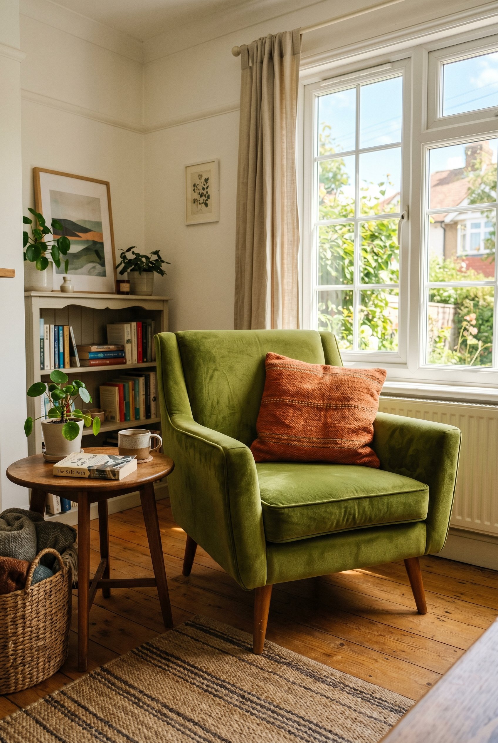 Photorealistic interior photo. An avocado green velvet armchair with a burnt orange throw pillow, sitting on a hardwood floor, bright sunny window light, low camera angle. Editorial photography style,