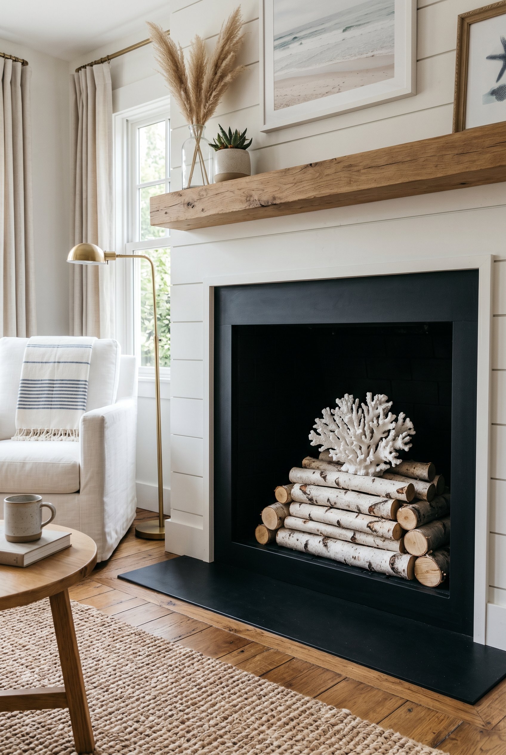 Photorealistic interior photo. An empty, clean black firebox of a living room fireplace, filled with neatly stacked white birch logs and a single large piece of white faux coral in the center. High co