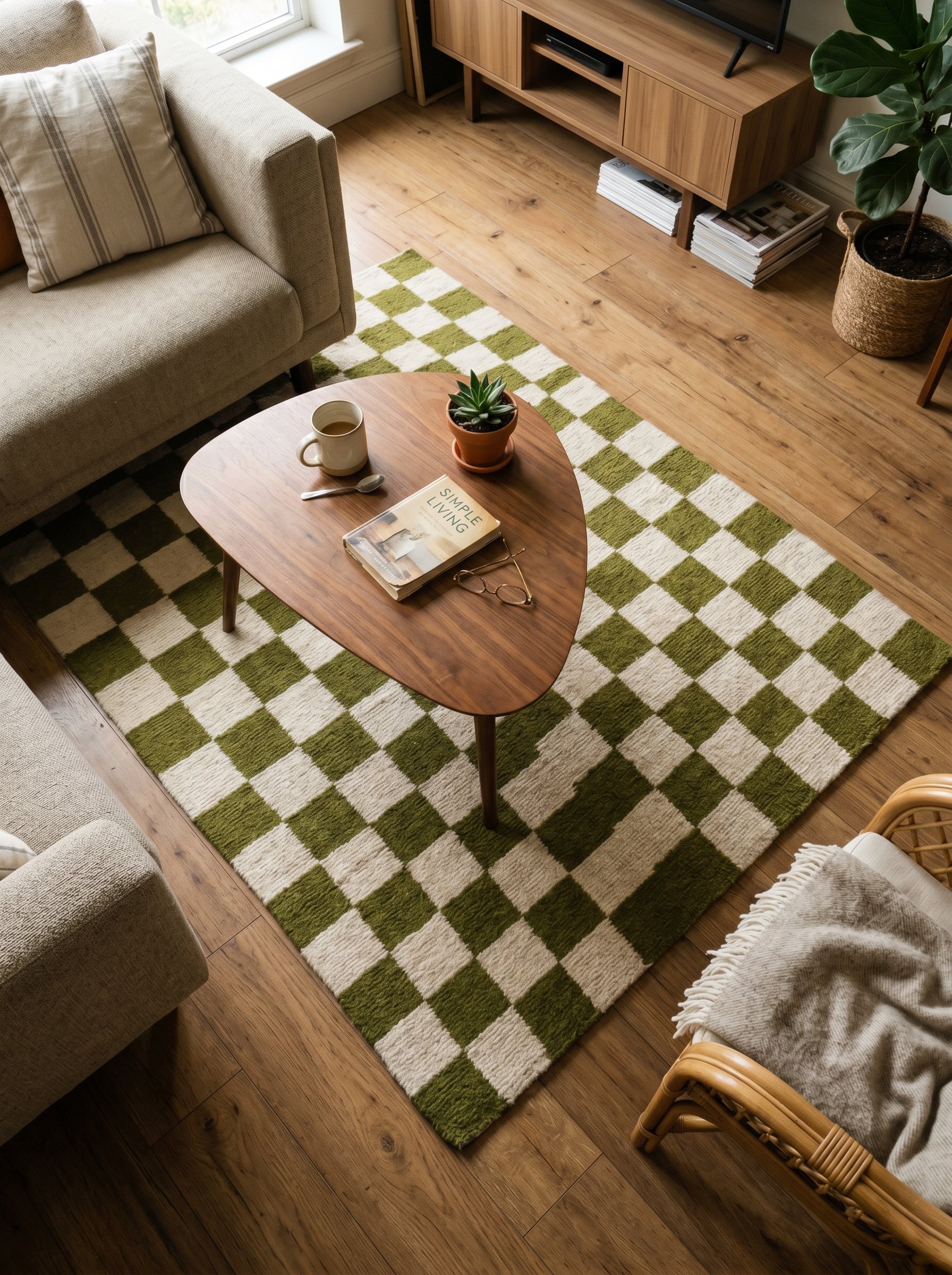 Photorealistic interior photo. An olive green and cream checkerboard wool rug on a wooden floor, partially under a mid-century modern coffee table, soft natural light, top-down camera angle. Editorial