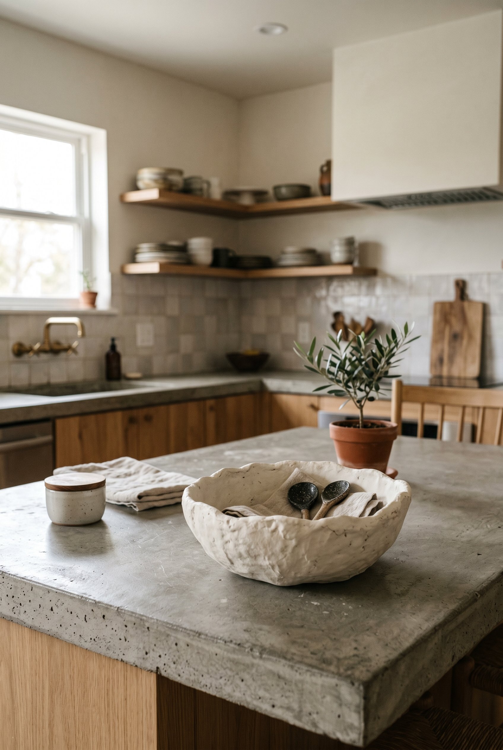 Photorealistic interior photo. An organic, lumpy, wabi-sabi style papier-mache bowl sitting on a concrete kitchen island. Painted a soft, matte bone white. Earthy, minimalist aesthetic, soft natural l