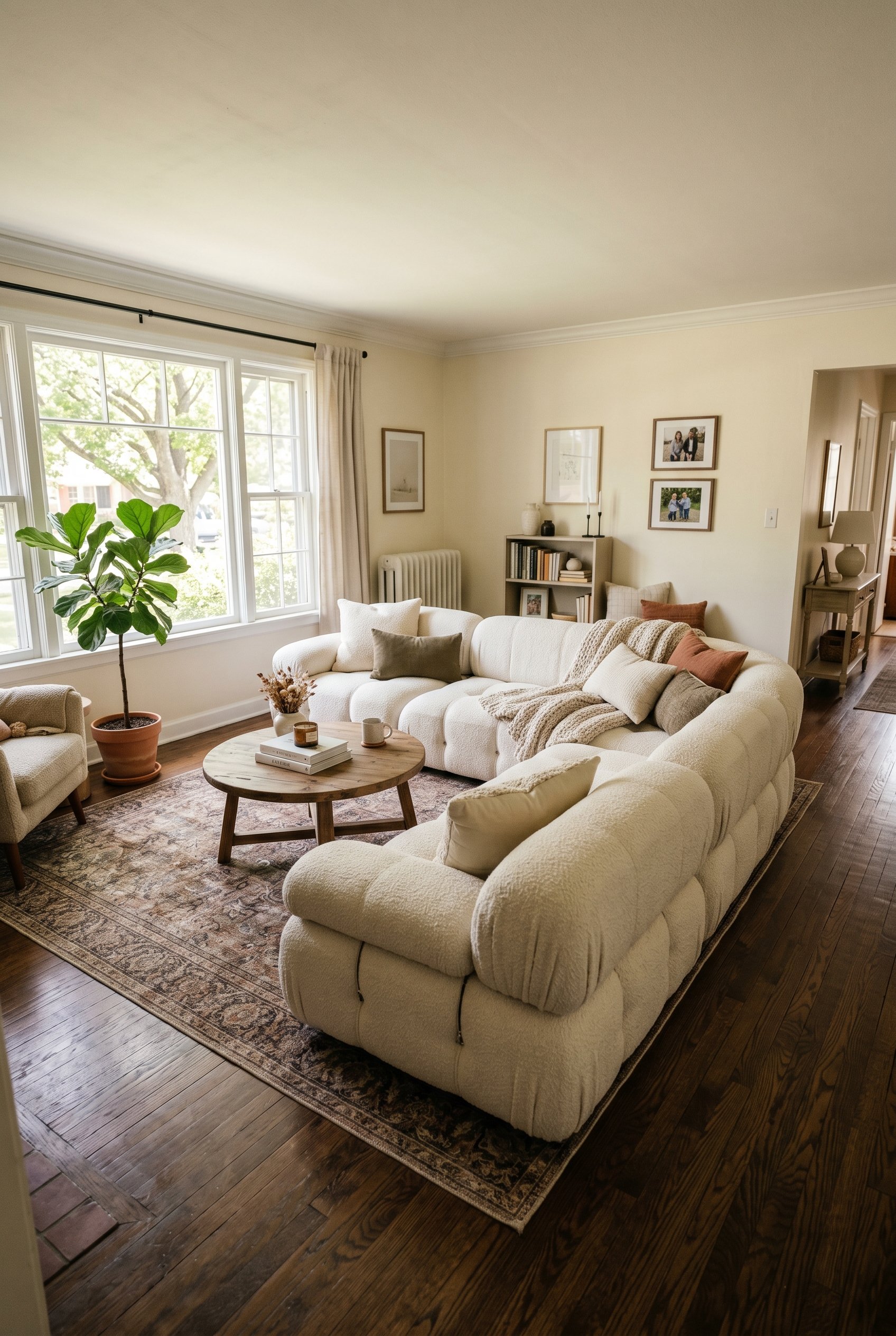 Photorealistic interior photo. An oversized, chunky 90s style sectional sofa in off-white bouclé, floating in the center of a living room with dark hardwood floors. Soft natural daylight filtering thr