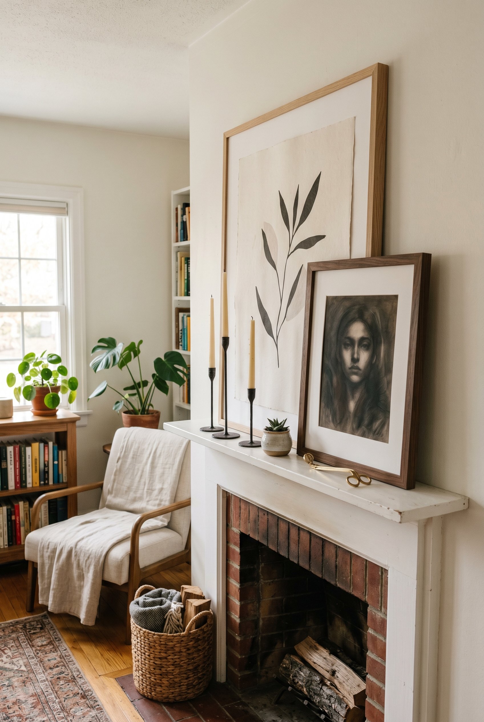 Photorealistic interior photo. An ultra-narrow white mantel ledge. A large light-toned framed art piece leans against the wall, overlapped by a smaller contrasting frame. Ultra-thin forged iron taper 