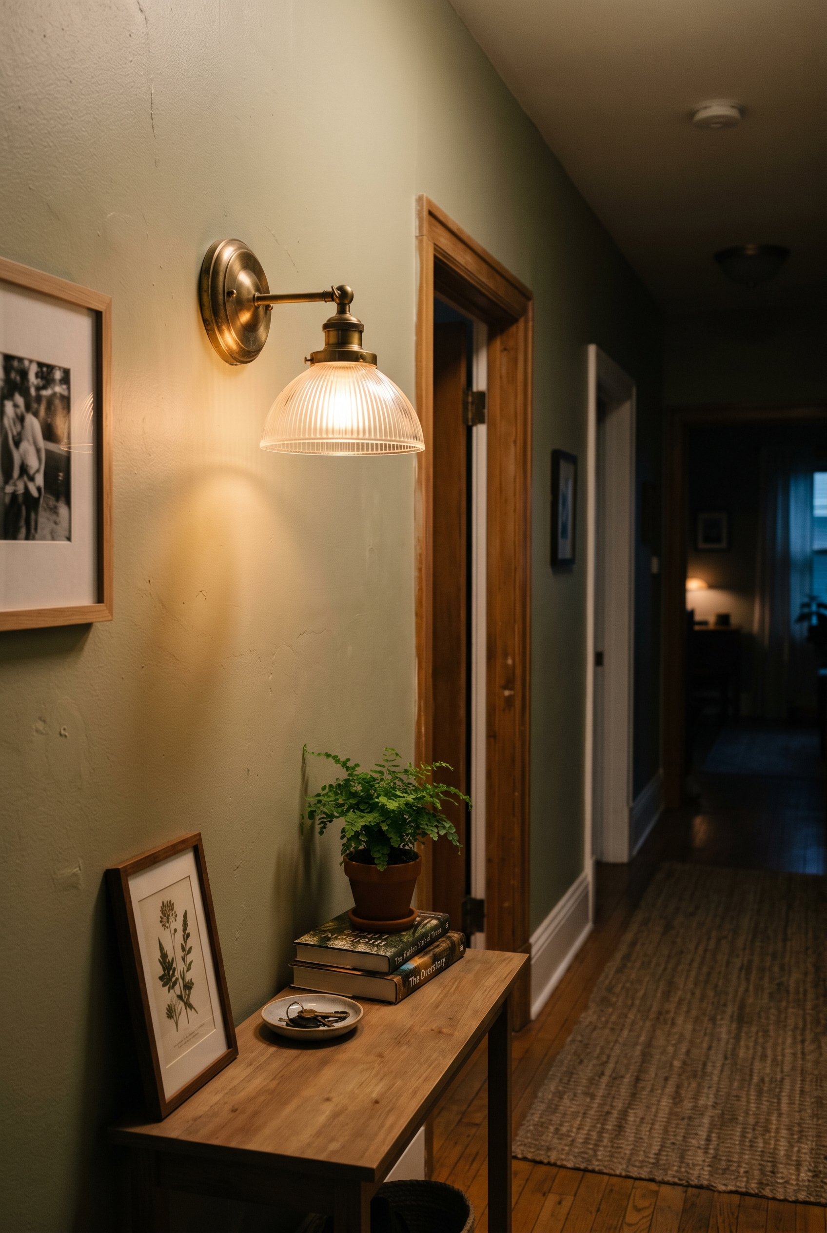 Photorealistic interior photo. Antique brass wall sconce mounted in a hallway, emitting a warm glow from a battery puck light. Moody evening lighting, editorial photography style, no people visible.