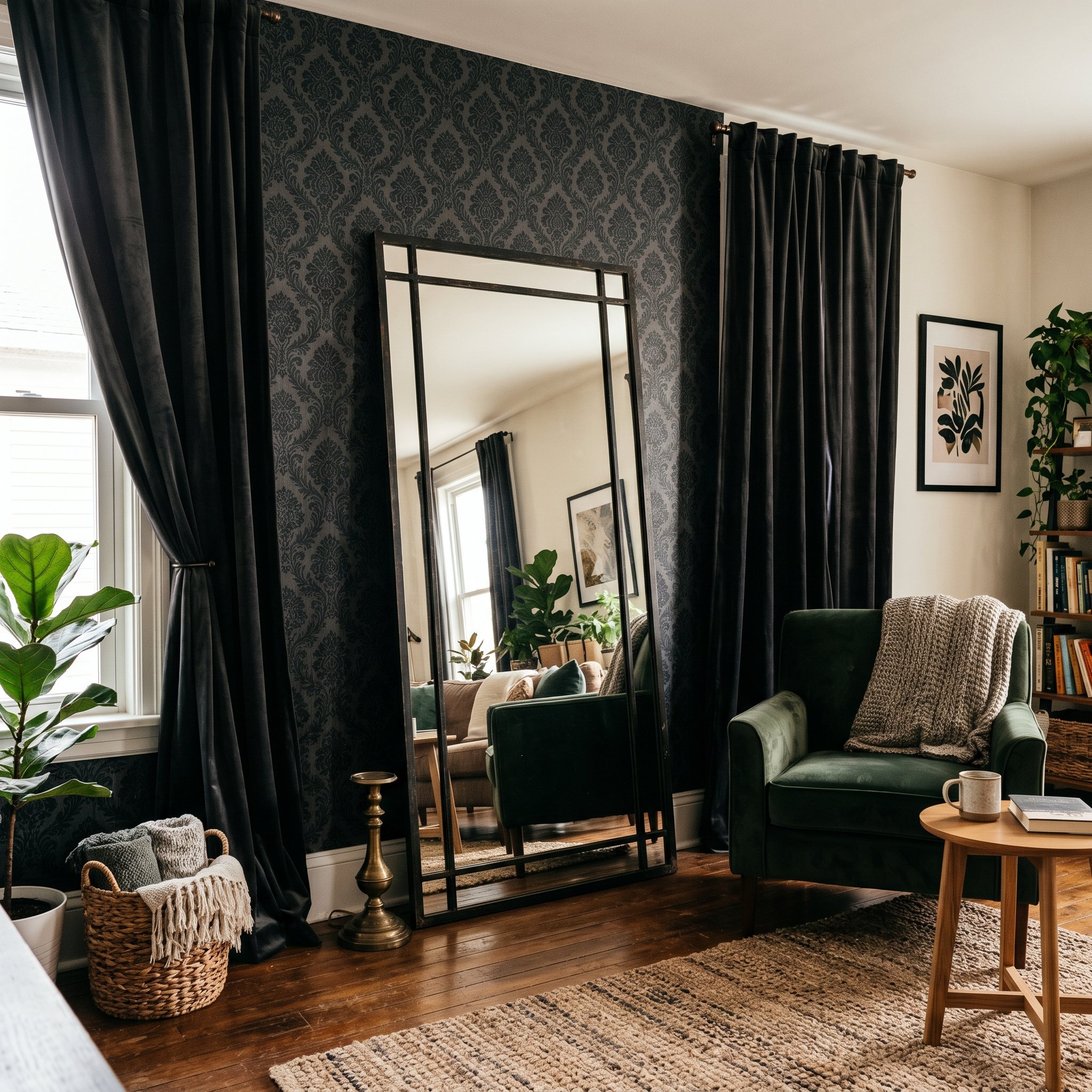 Photorealistic interior photo. Apartment interior showing a dark damask peel-and-stick wallpaper feature wall. A massive leaning floor mirror with a black frame stands against the wall, flanked by dar